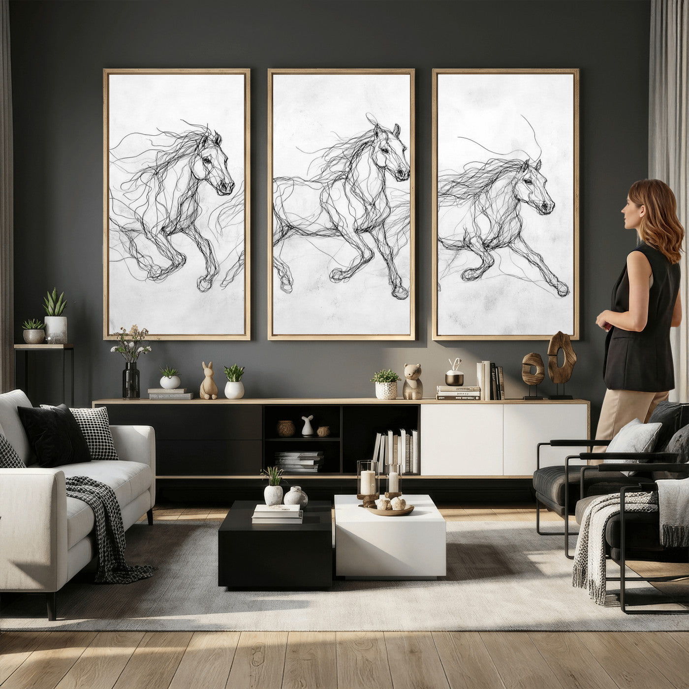 53600119-MGV-CV-36X24 - Monochrome Horse Canvas Wall Art, Black Ink Sketch Wild Horses Print, Minimalist Equestrian Artwork, Modern Abstract Line Decor, Urban Loft Gift