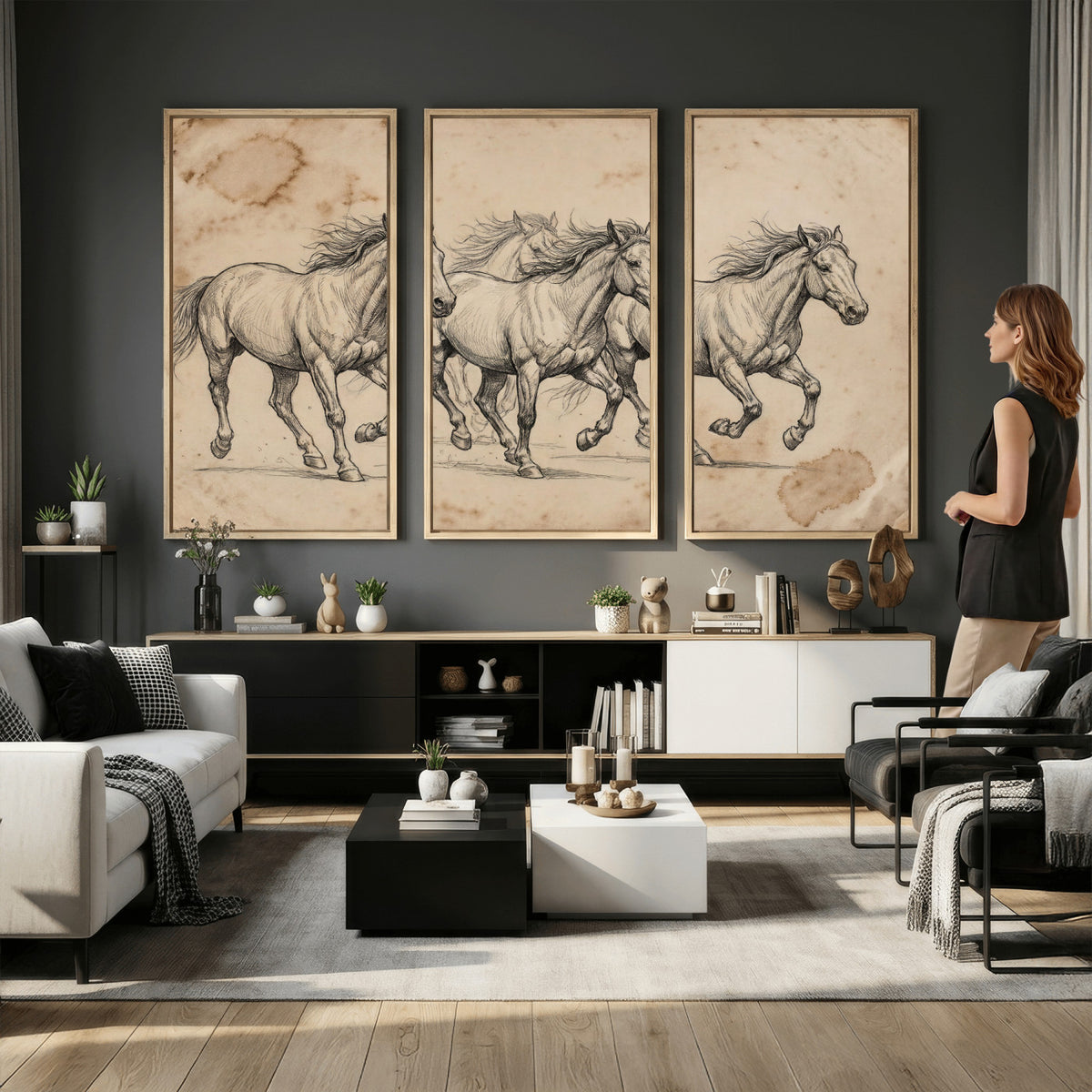 56046981-MGV-CV-36X24 - Sepia Wild Horses Canvas Art, Antique Pencil Drawing Print, Vintage Gallery Wall Decor, Rustic Equestrian Artwork, Traditional Den Gift