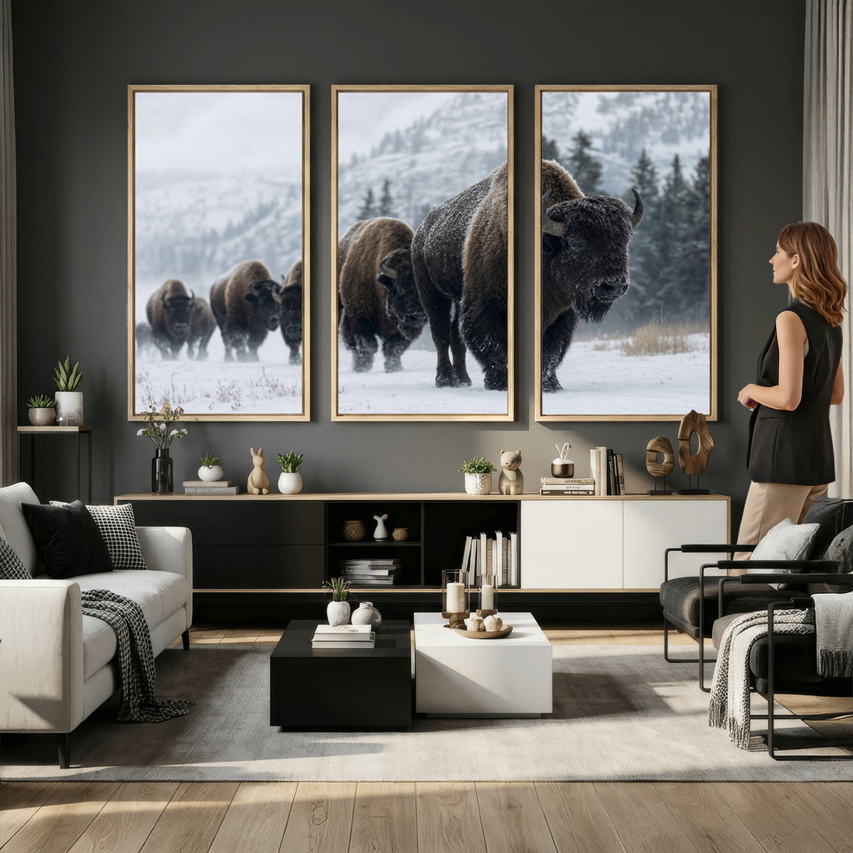 18343289-MGV-CV-36X24 - Rustic Bison Wall Art, American Buffalo Photo Print, Wildlife Canvas Artwork, Snowy Mountain Decor, Large Nature Poster, Cabin Gift Idea