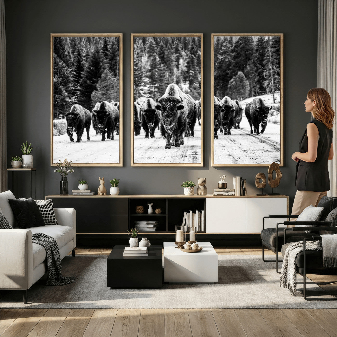 79337077-MGV-CV-36X24 - Black and White Bison Canvas Art, American Buffalo Print, Winter Wildlife Photography, Rustic Forest Wall Decor, Large Statement Nature Gift