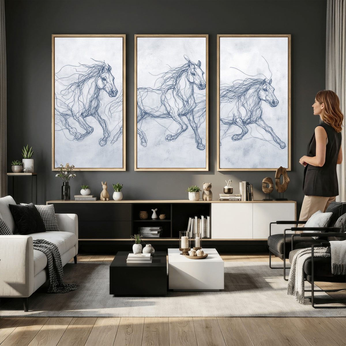 41163601-MGV-CV-36X24 - Indigo Blue Horse Line Art Canvas, Steel Grey Wild Horses Print, Abstract Navy Scribble Artwork, Modern Slate Equine Wall Decor, Coastal Ranch Gift
