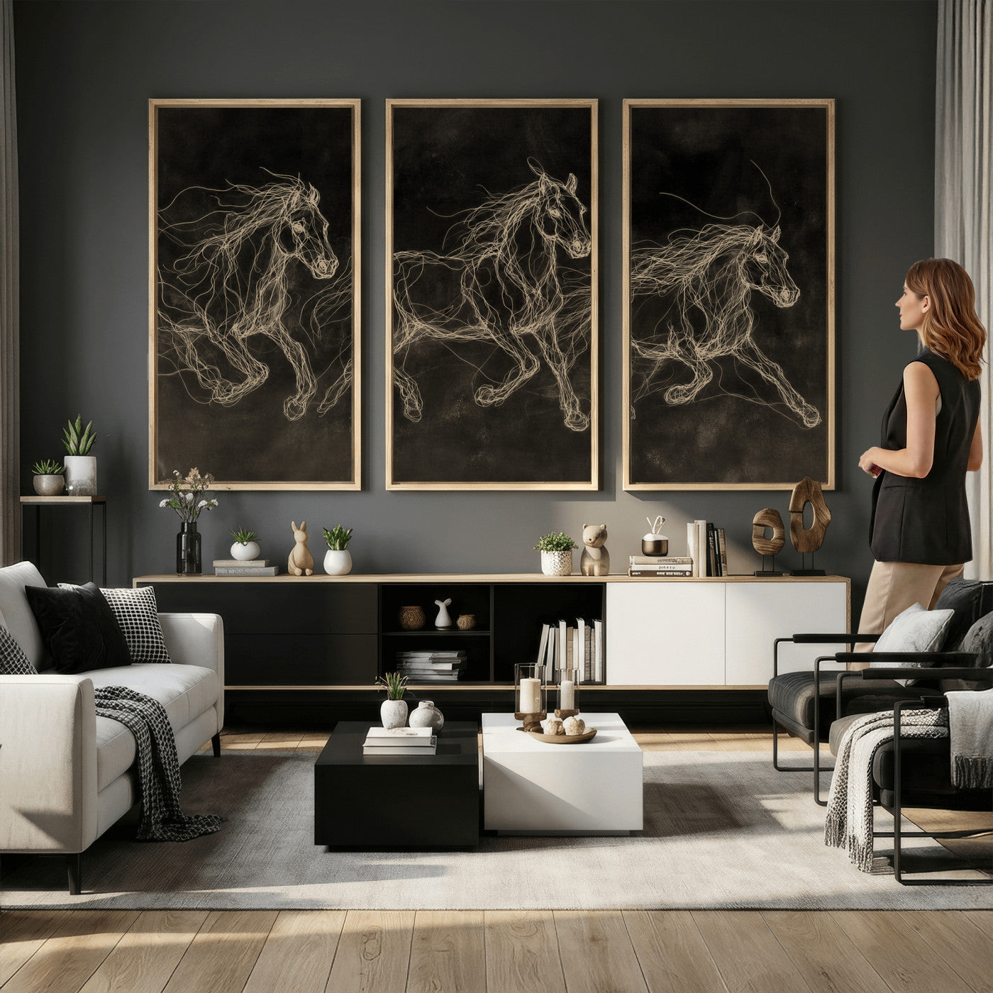 15344242-MGV-CV-36X24 - Dark Horse Line Art Canvas, Gold Scribble Wild Horses Print, Black Chalkboard Wall Art, Modern Luxury Equine Decor, Masculine Office Gift