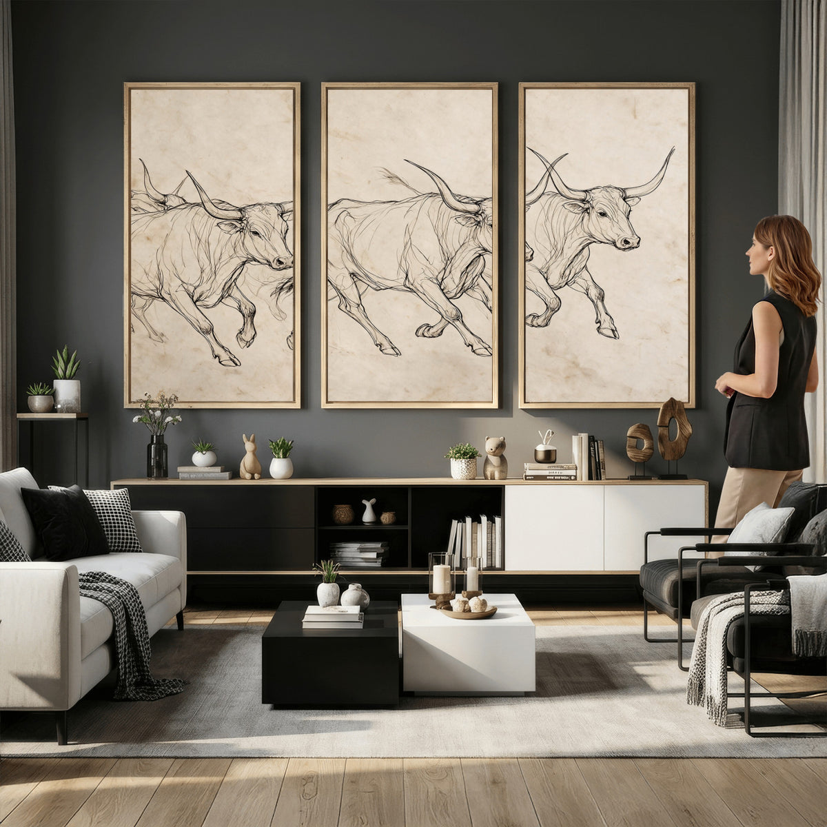 87177621-MGV-CV-36X24 - Minimalist Longhorn Line Art, Modern Texas Bull Canvas Print, Abstract Western Wall Decor, Continuous Line Artwork, Black White Ranch Gift
