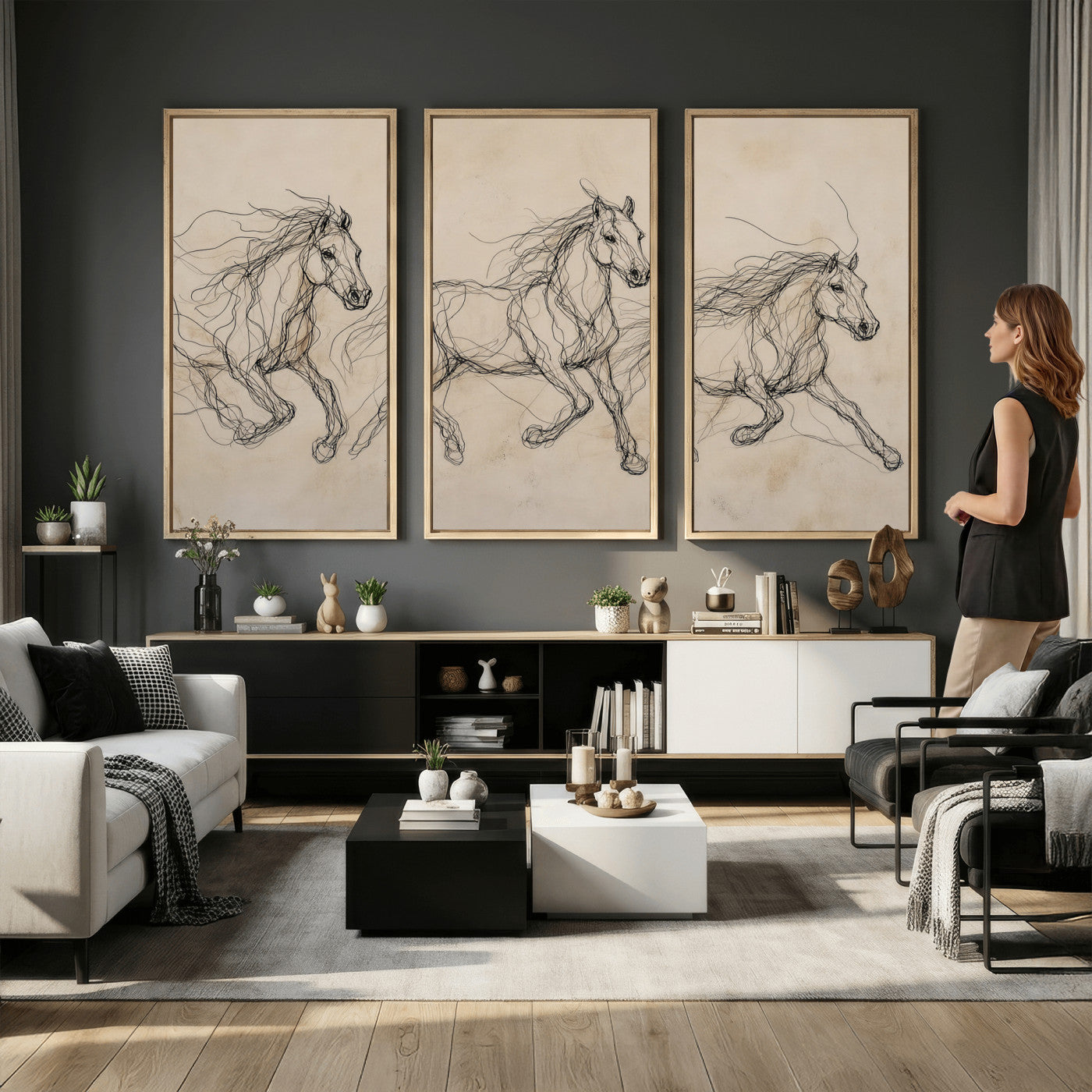 81051673-MGV-CV-36X24 - Abstract Horse Line Art Canvas, Gesture Sketch Wild Horses Print, Modern Scribble Artwork, Minimalist Equine Wall Decor, Rustic Studio Gift