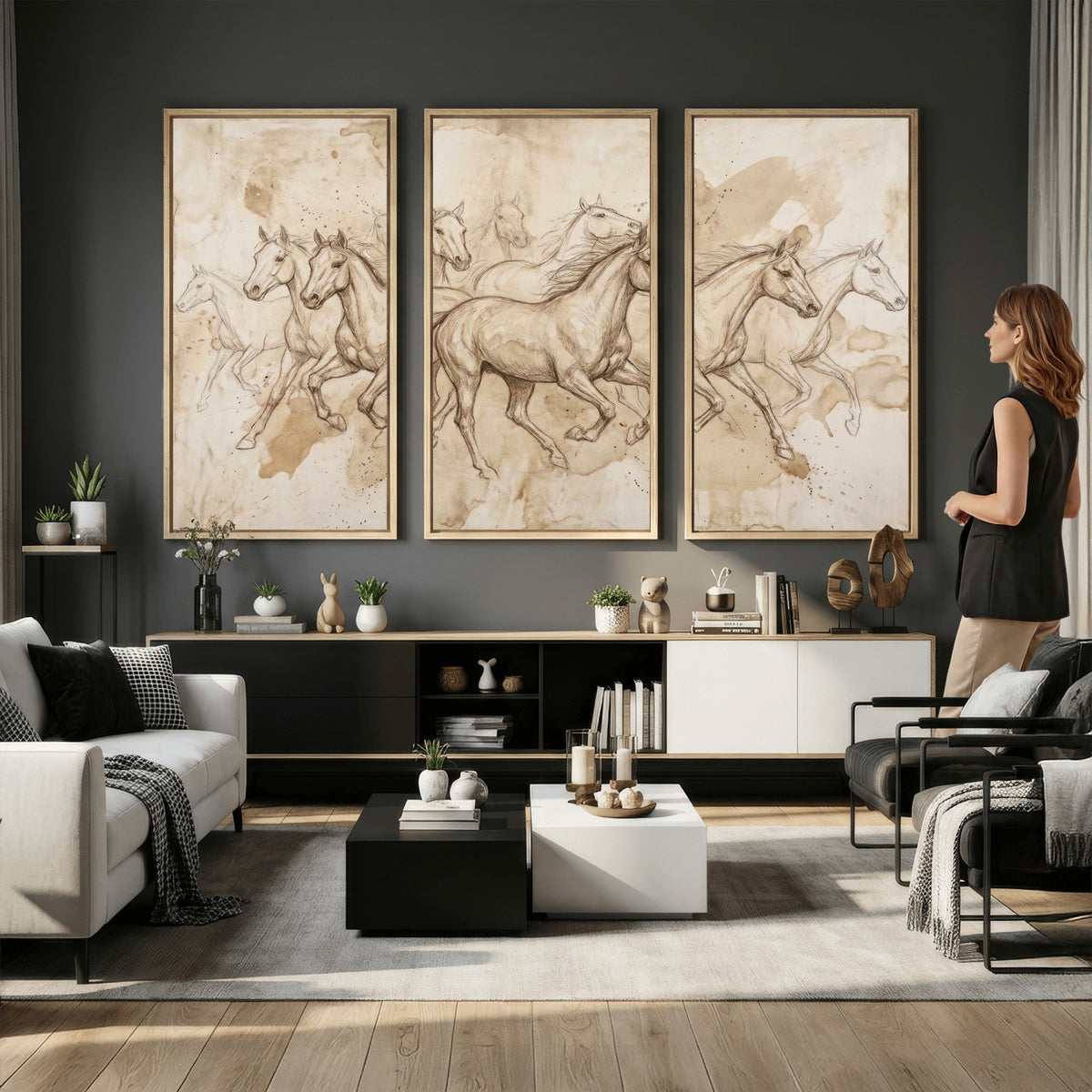 52233469-MGV-CV-36X24 - Vintage Horse Sketch Canvas Wall Art, Wild Horses Pencil Drawing Print, Antique Parchment Western Decor, Equine Sketching, Country Manor Gift