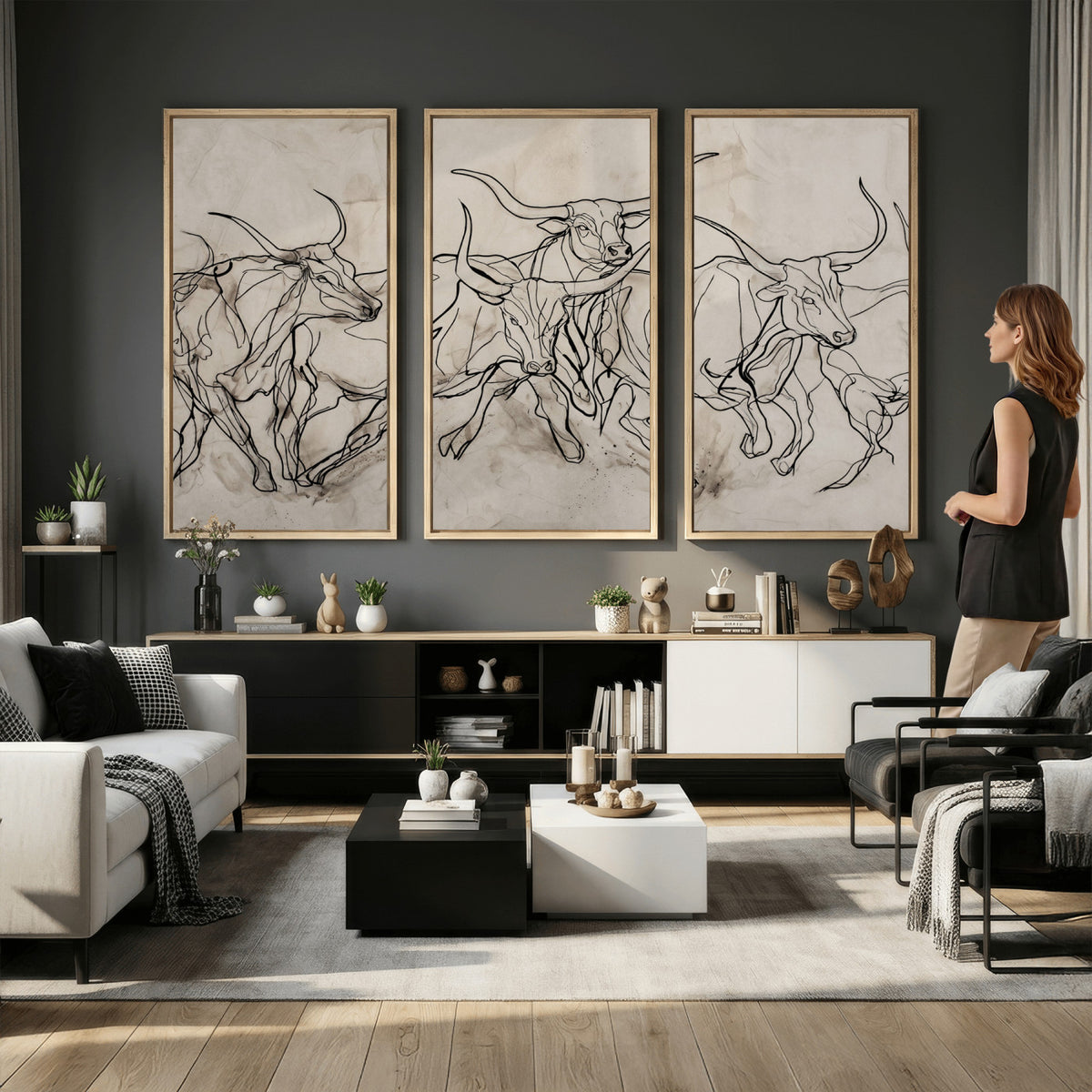 16671245-MGV-CV-36X24 - Minimalist Longhorn Line Art, Modern Texas Bull Canvas Print, Abstract Western Wall Decor, Continuous Line Artwork, Black White Ranch Gift