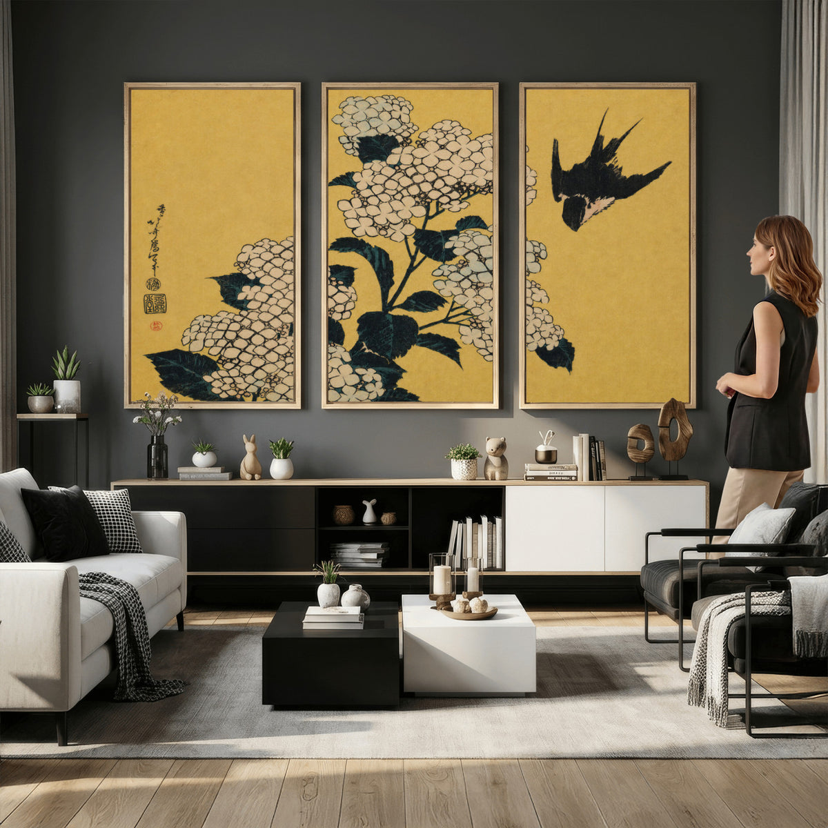 92483501-MGV-CV-36X24 - Katsushika Hokusai Hydrangea and Swallow Wall Art Canvas Print, Japanese Woodblock Painting Print