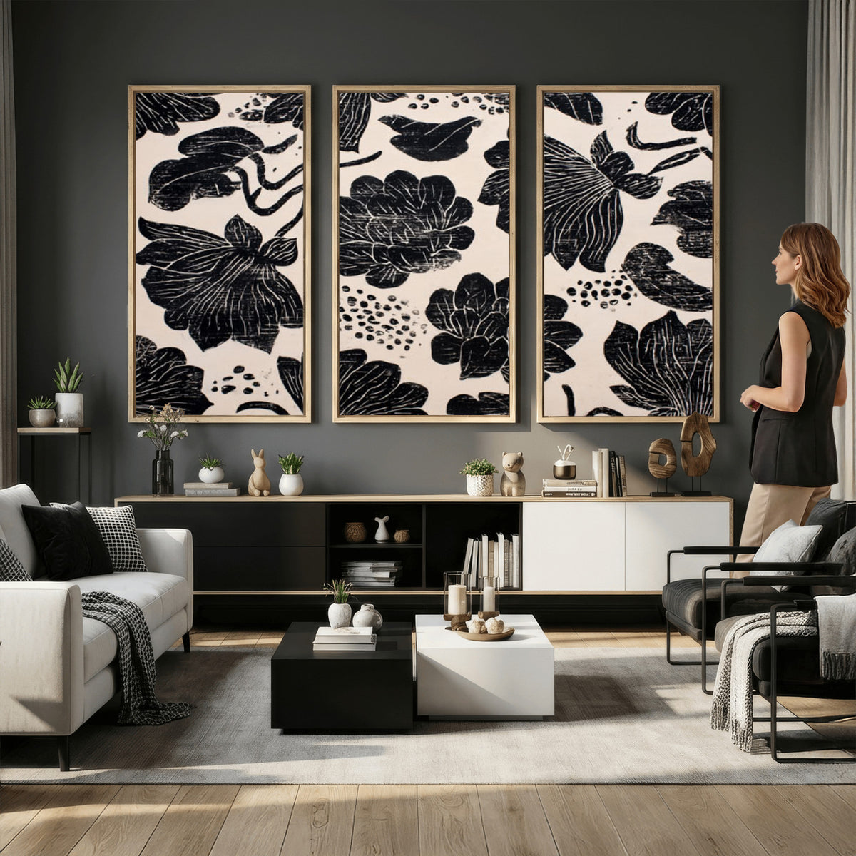 81787117-MGV-CV-36X24 - Linocut Black Lotus Floral Wall Art Canvas Print, Vintage Monochrome Botanical Painting Print