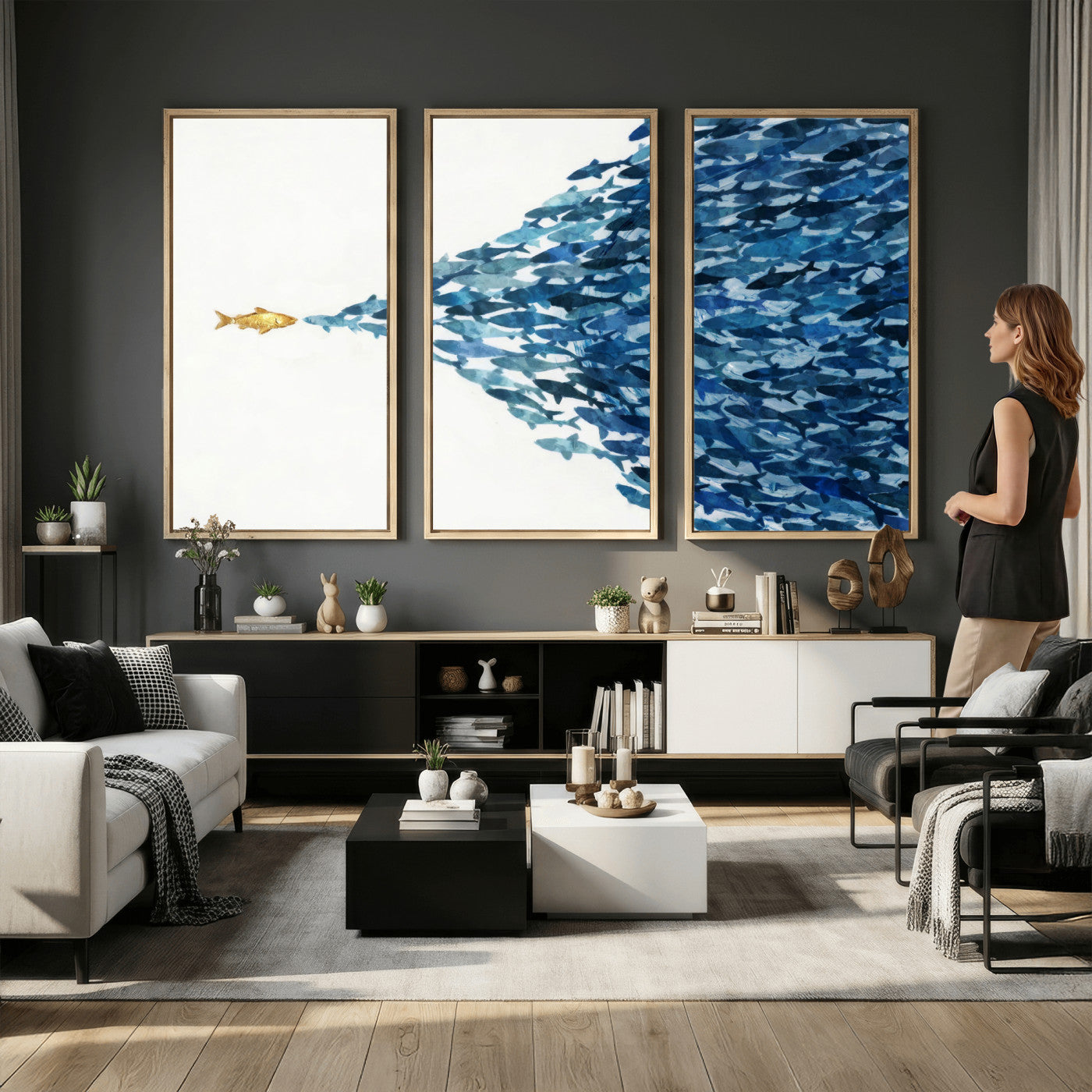 79089639-MGV-CV-36X24 - Abstract Blue Fish School Canvas Wall Art, Gold Foil Accent Marine Print