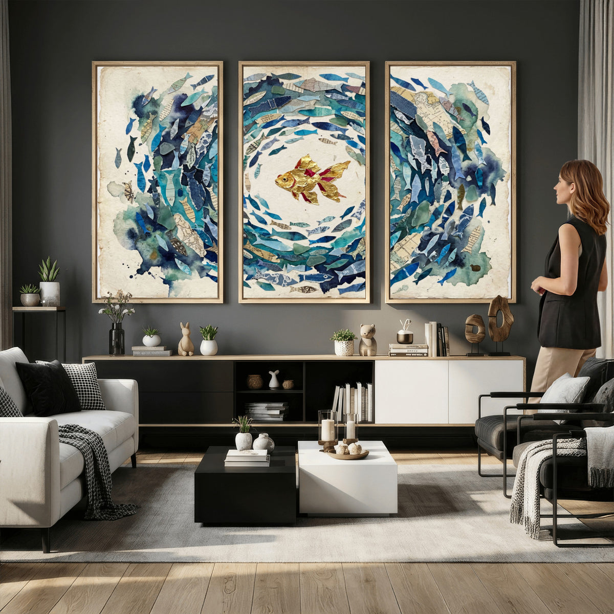 73165663-MGV-CV-36X24 - Mixed Media Blue Fish Swirl Canvas Wall Art, Goldfish Collage Ocean Print