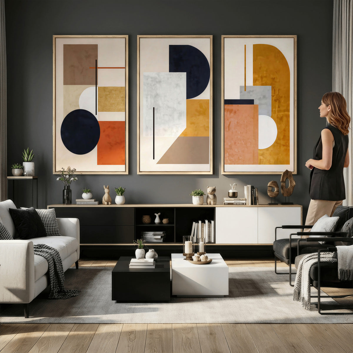 87361249-MGV-CV-48X32-3P - Mid Century Modern Geometric Canvas Wall Art, Abstract Triptych Print