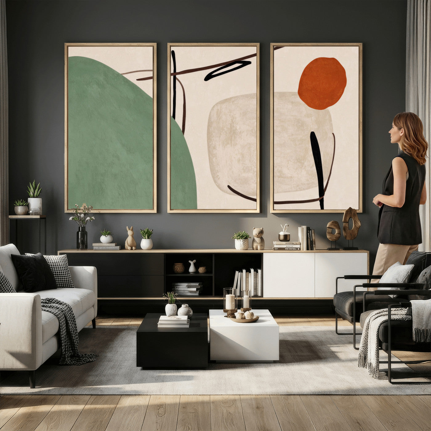 46798824-MGV-CV-48X32-3P - Mid Century Modern Geometric Canvas Wall Art, Abstract Triptych Print
