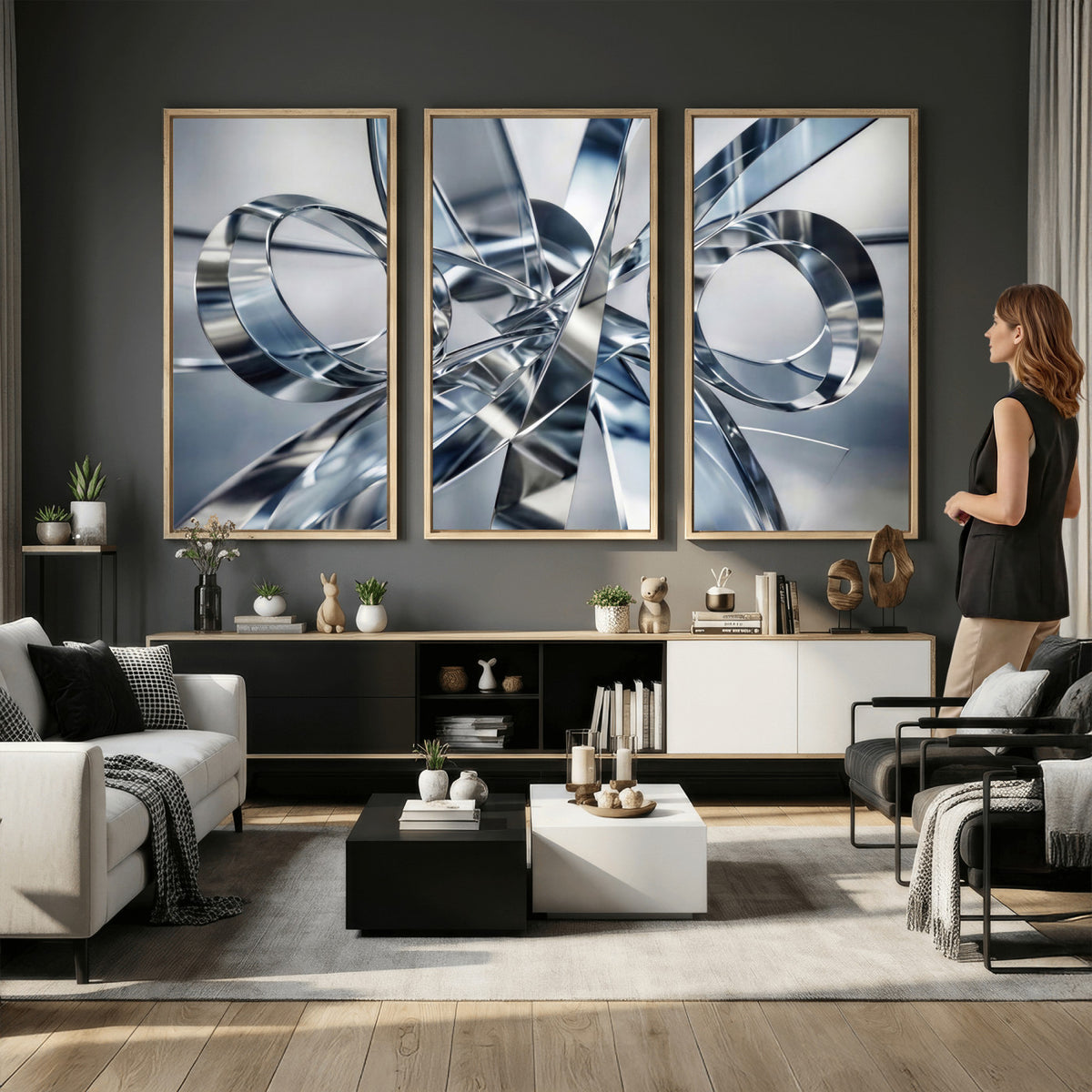 70036312-MGV-CV-36X24 - Modern Chrome Abstract Canvas Wall Art, Futuristic Silver Metallic Print