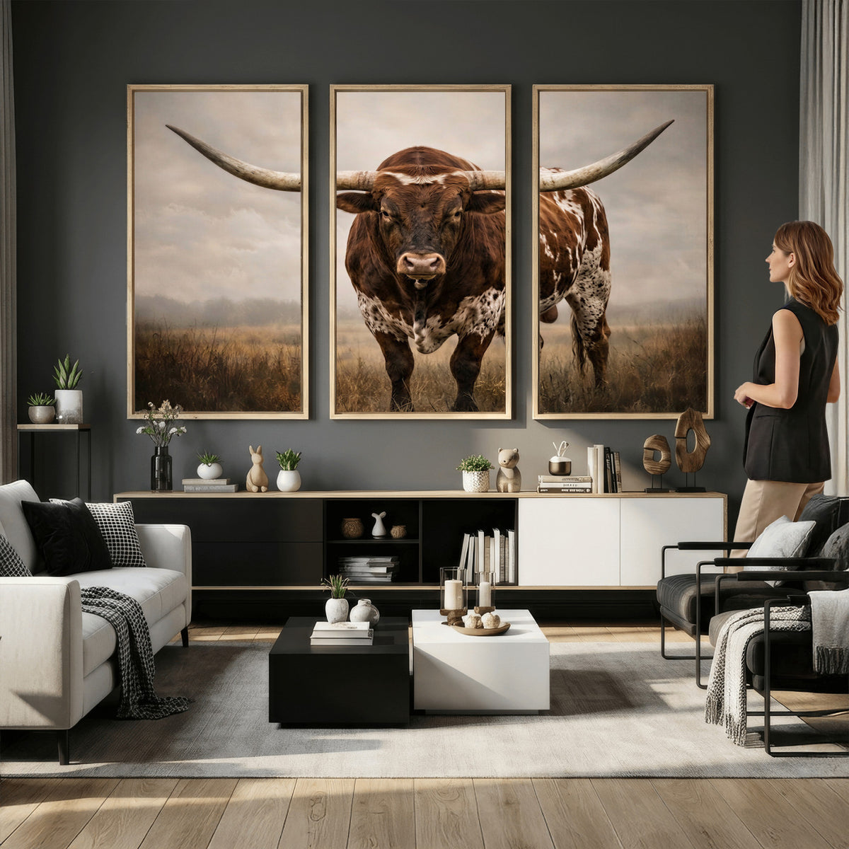 25239047A-MGV-CV-36X24 - Texas Longhorn Canvas Wall Art Western Bull Desert Moody Grey Overcast Rustic Farmhouse Framed Large for Living Room Bedroom Office Decor