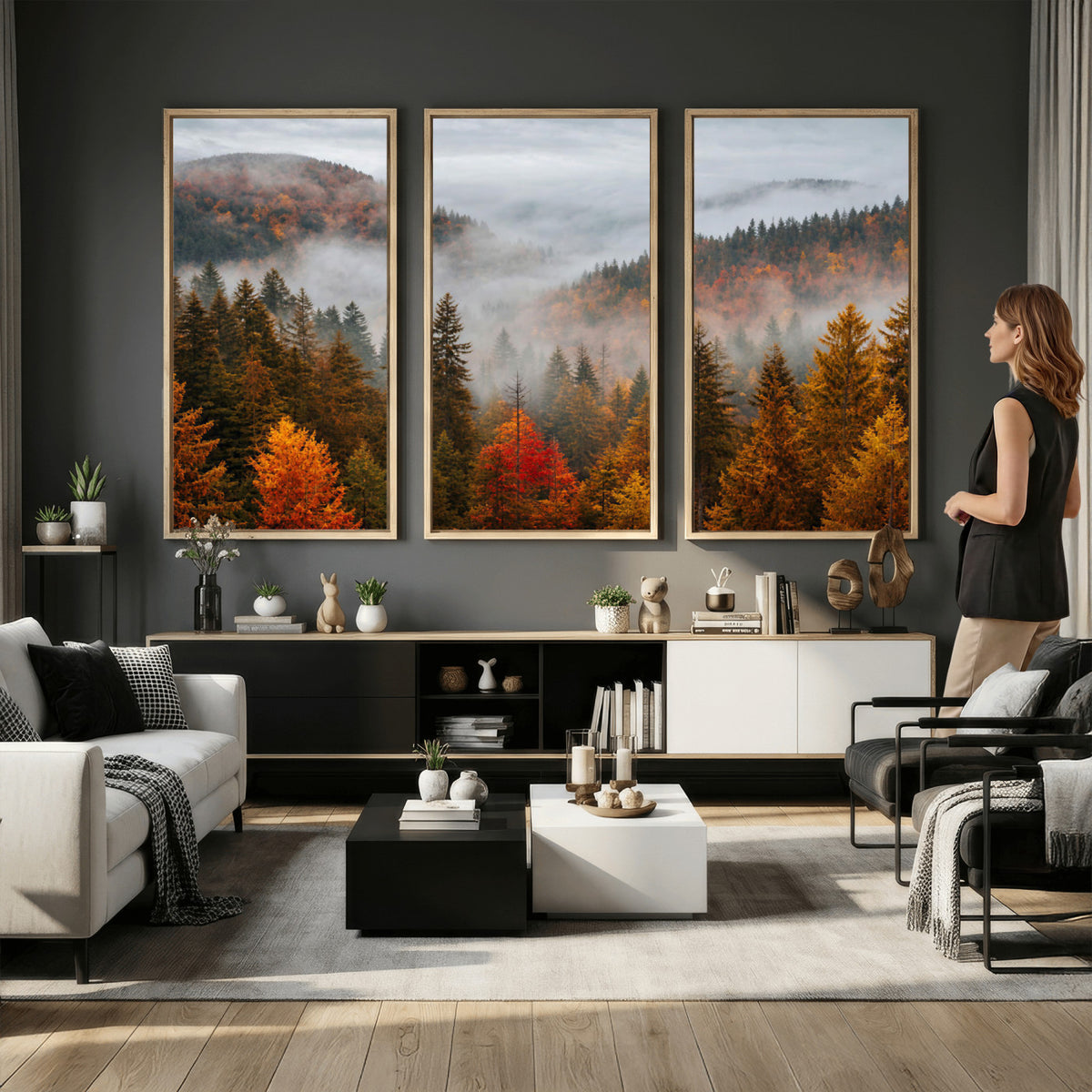 87481341-_Poster-30x20 - Foggy Autumn Mountain Canvas Print Smoky Pine Forest Wall Art Panoramic Nature Poster 3 Piece Made in USA