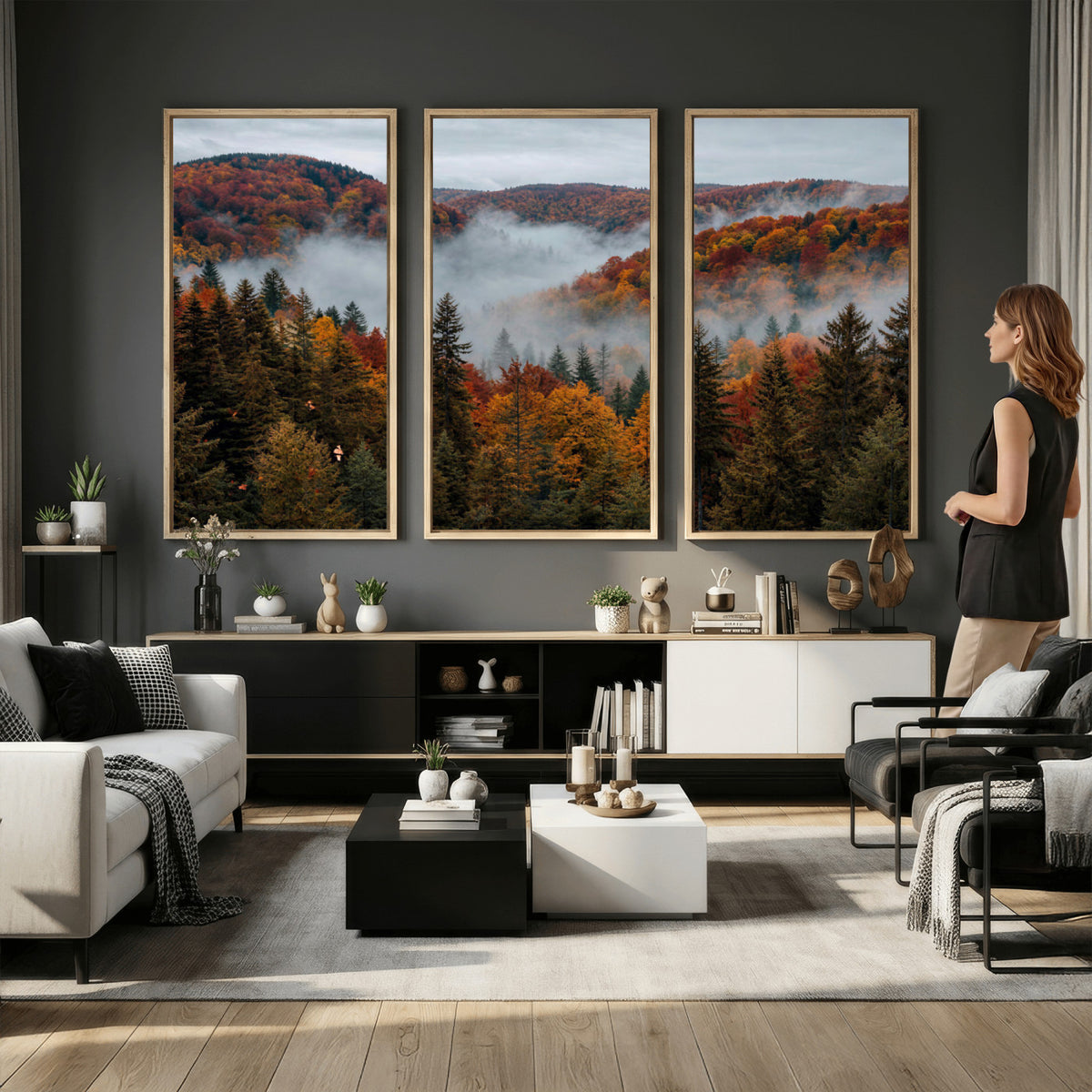 26686263-_Poster-30x20 - Misty Autumn Forest Mountain Canvas Print 3 Panel Wall Art Gallery Wrapped Floating Frame Poster Made in USA