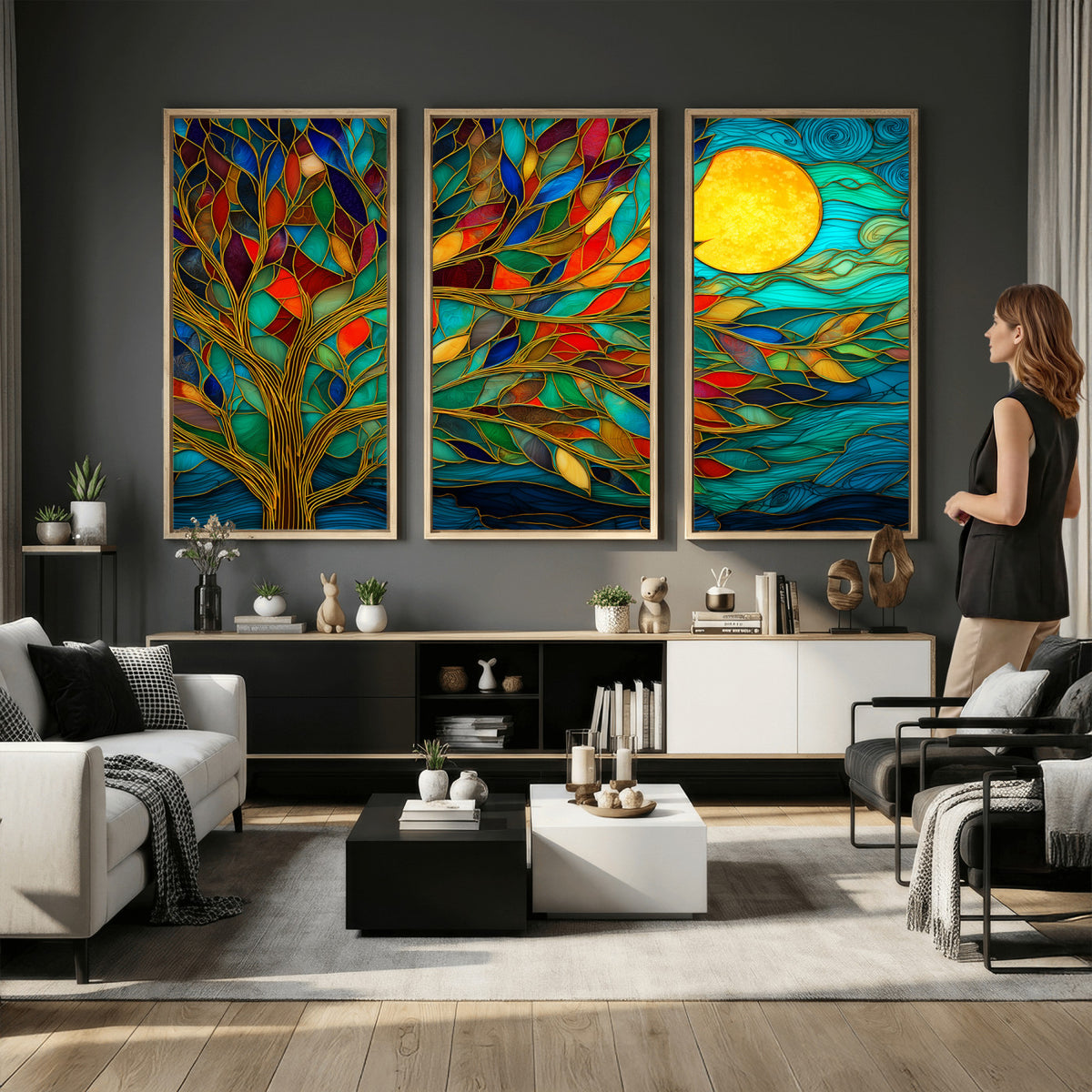 11877152-MGV-CV-36X24 - Stained Glass Tree Of Life Wall Art - Vibrant Mosaic Nature Home Decor