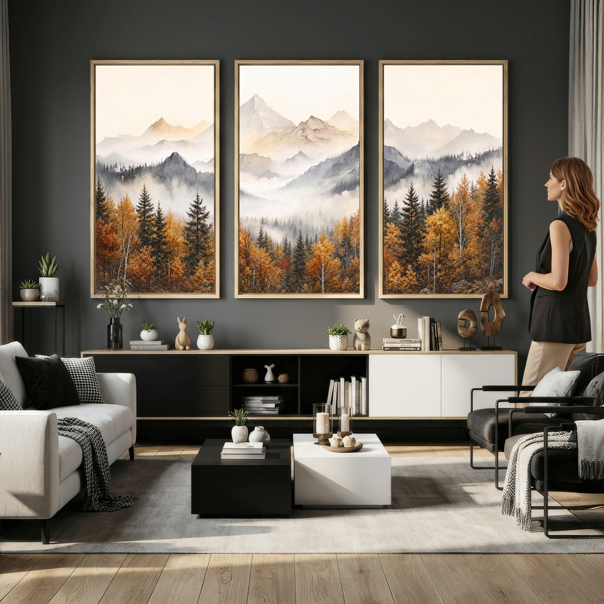 19544118-MGV-TP-30X20 - Misty Mountain Autumn Forest Canvas Wall Art - Watercolor Fall Nature Landscape Print
