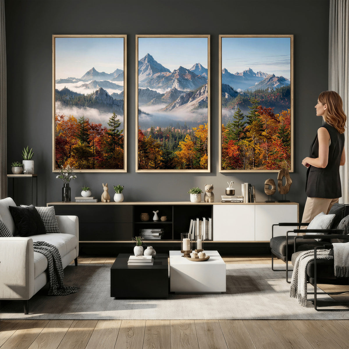 38847944-MGV-TP-30X20 - Majestic Mountain Peak Canvas Wall Art - Panoramic Autumn Forest Fog Landscape Print