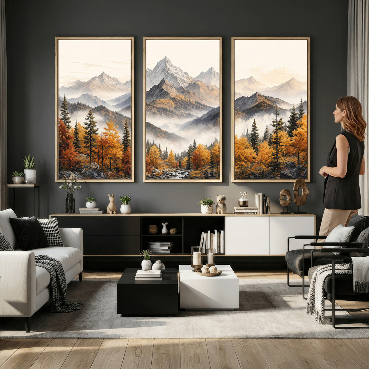 21309099-MGV-TP-30X20 - Extra Large Misty Mountain Autumn Forest Canvas Wall Art - Watercolor Fall Nature Landscape Print