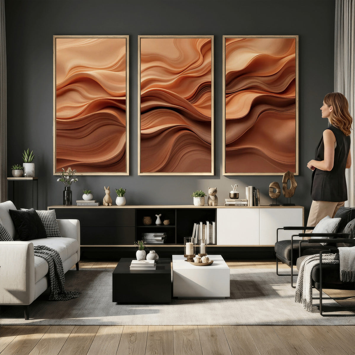 82230697-MGV-CV-36X24 - Modern Abstract Fluid Waves Canvas Wall Art - Minimalist Warm Terracotta Beige Sand Print