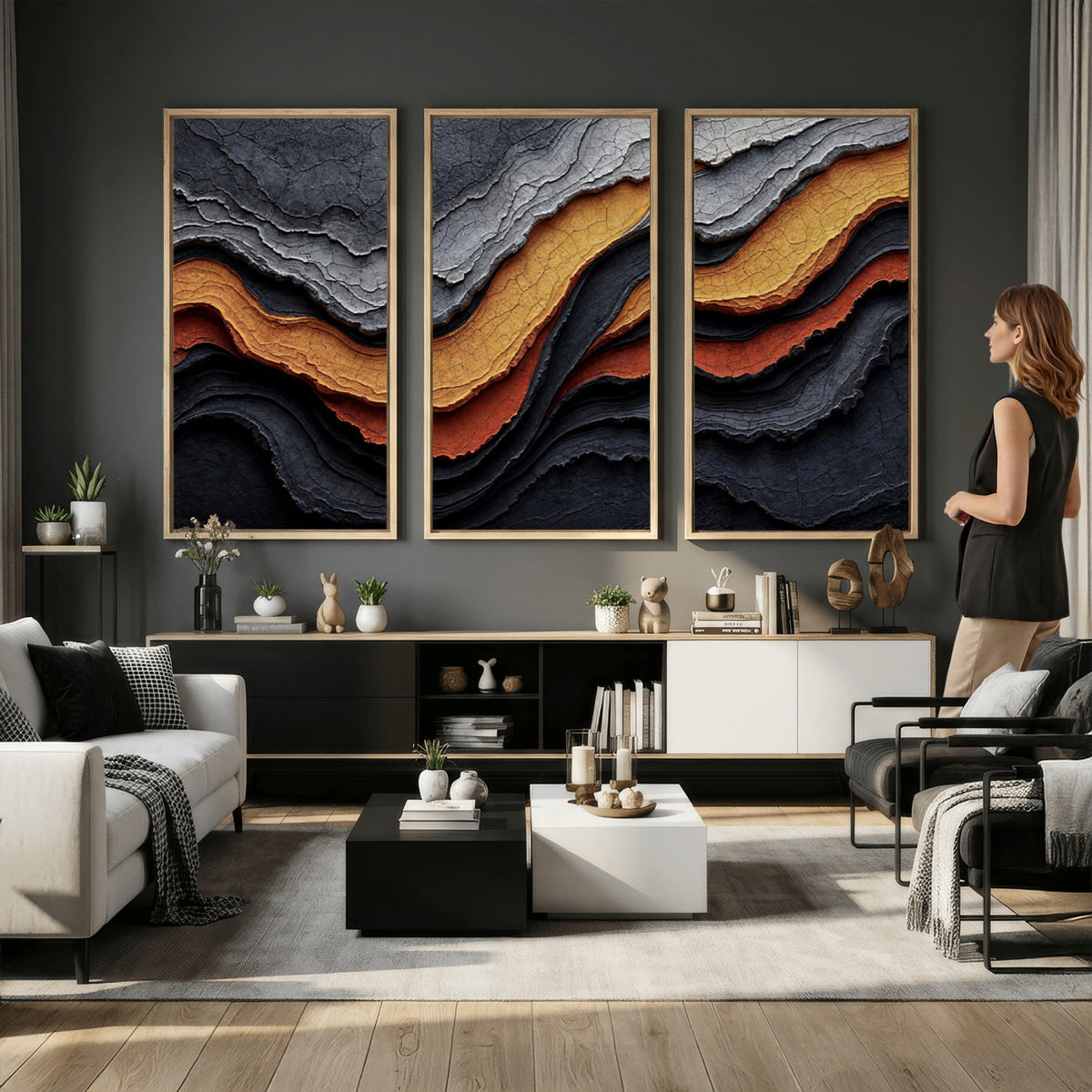 59852489-MGV-CV-36X24 - Abstract Waves Canvas Wall Art - Modern Terracotta and Charcoal Gray Print