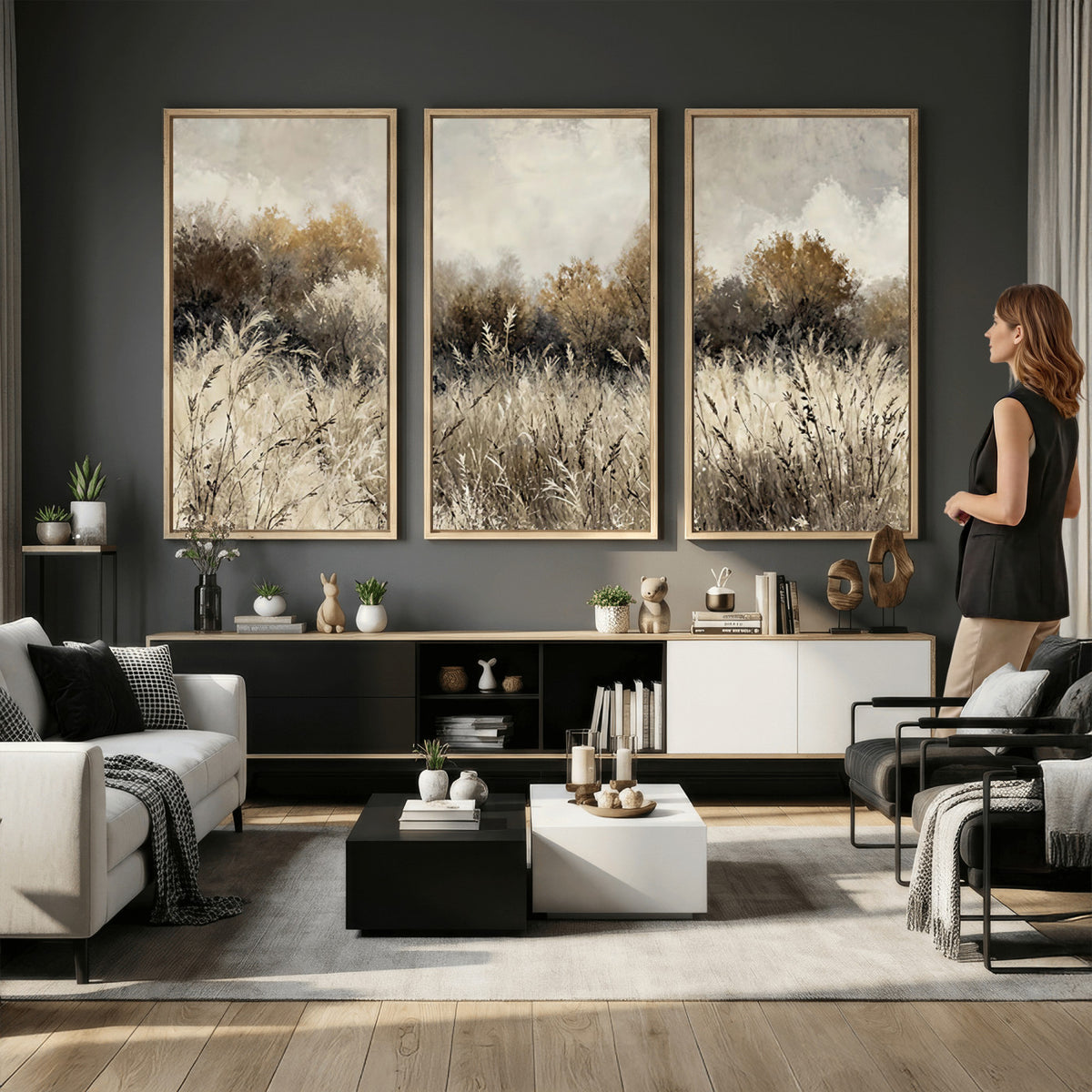 53959945-MGV-TP-30X20 - Muted Neutral Forest Landscape Canvas Wall Art - Vintage Rustic Wildflower Meadow Print