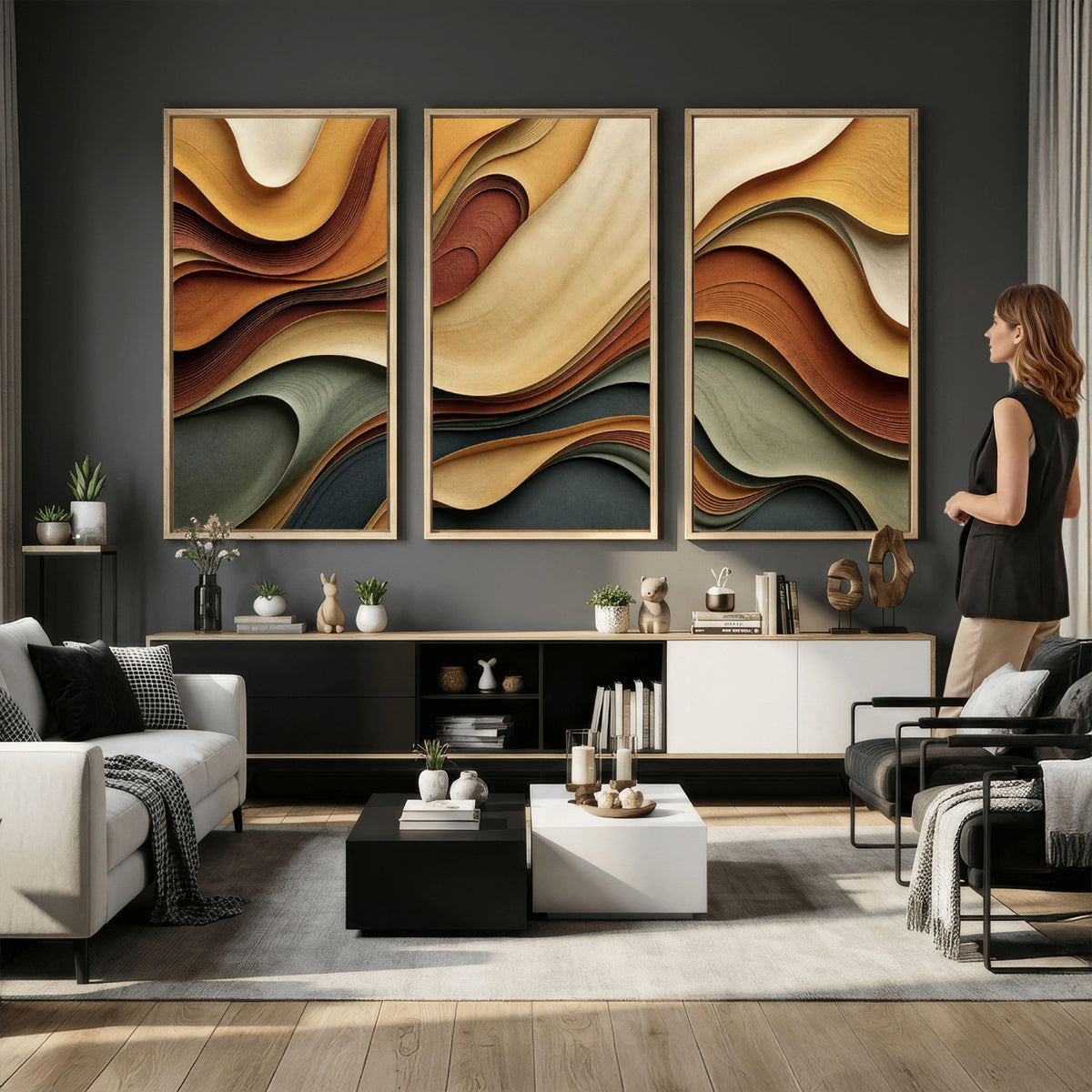 19337902-MGV-CV-36X24 - Modern Abstract Waves Canvas Wall Art - Minimalist Earthy Tone Living Room Decor