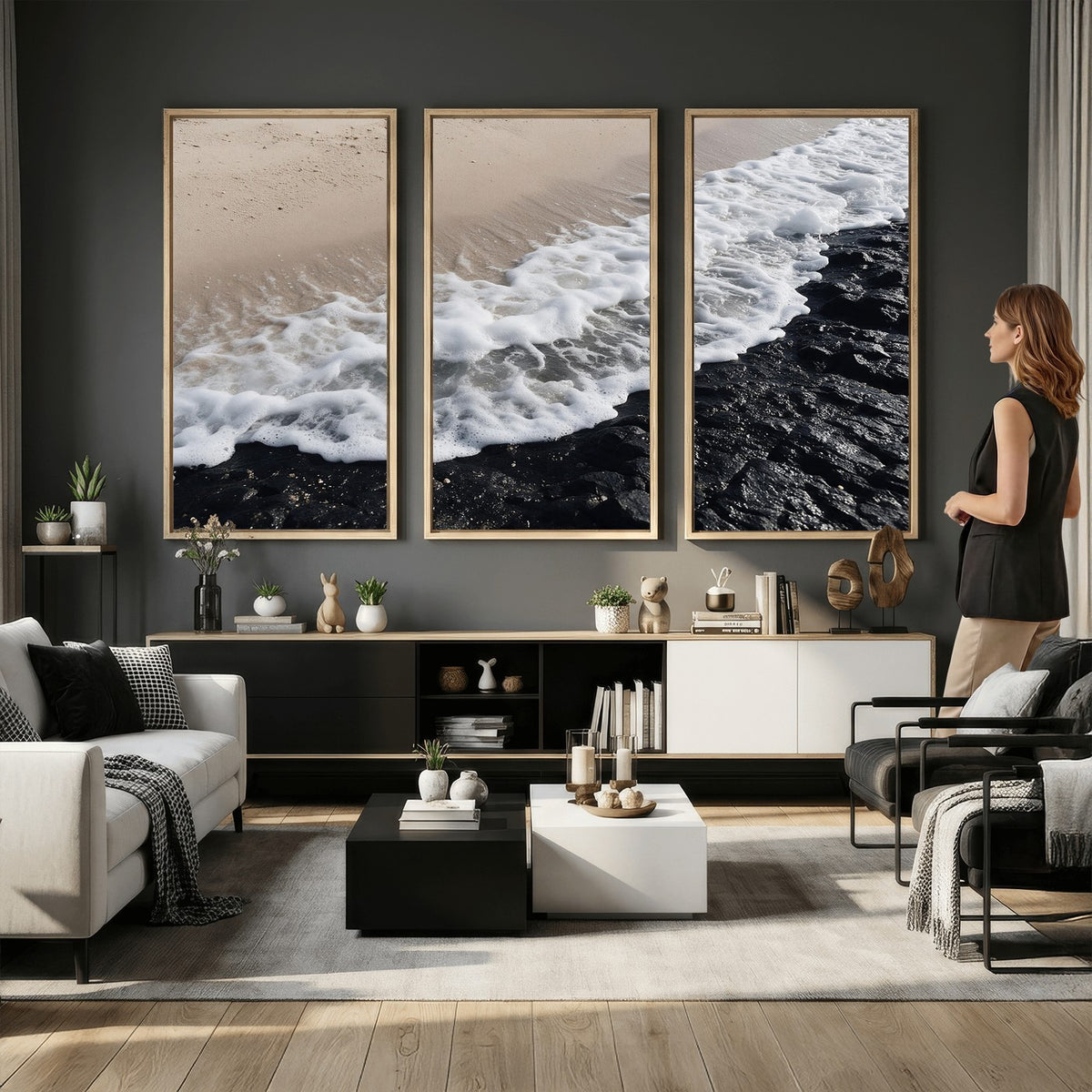 27448606-MGV-CV-24X16 - Ocean Wave Foam on Black Lava Rock Beach Canvas Wall Art Print