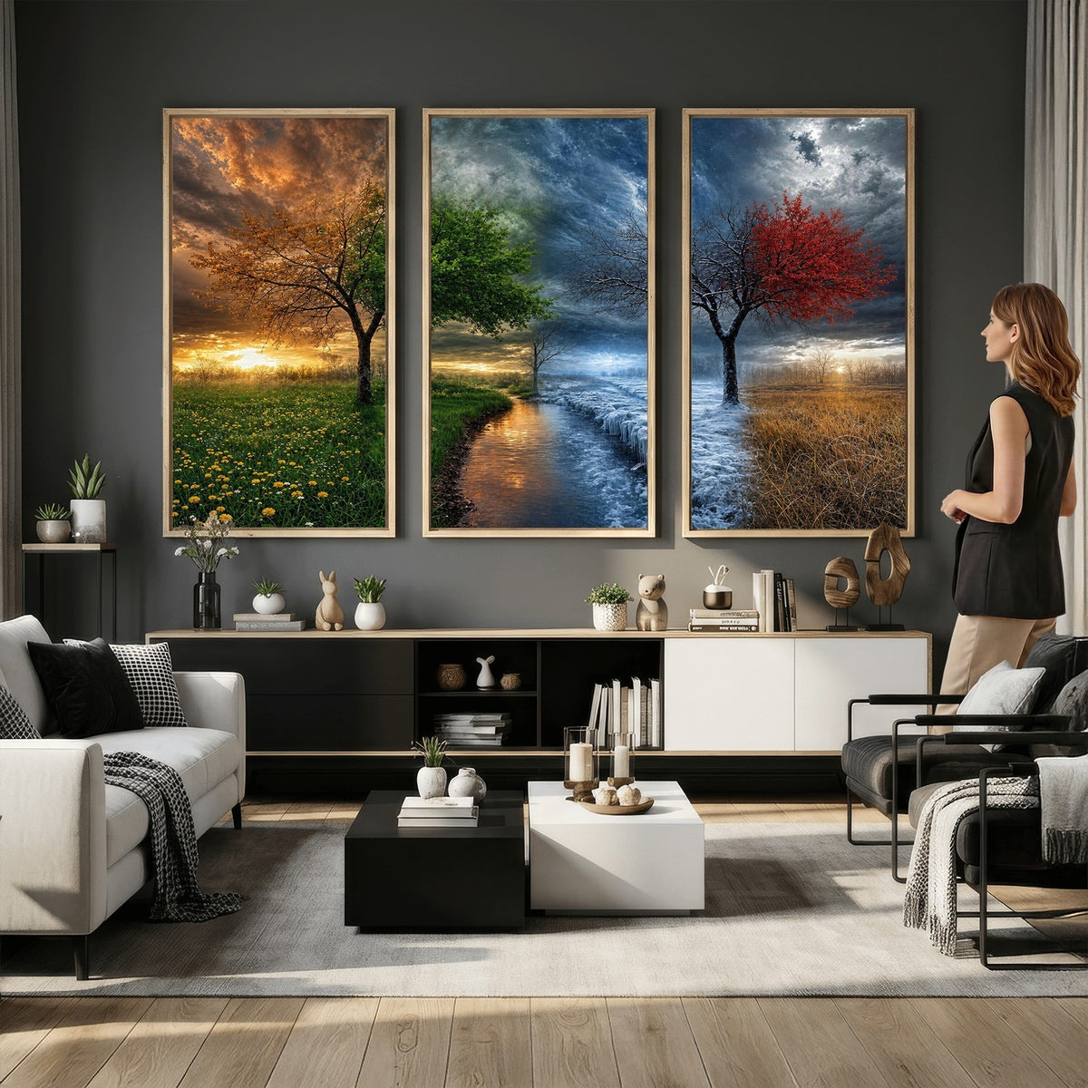 61895574-MGV-CV-24X16 - Four Seasons Tree Canvas Wall Art, Nature Landscape Canvas Print for Living Room