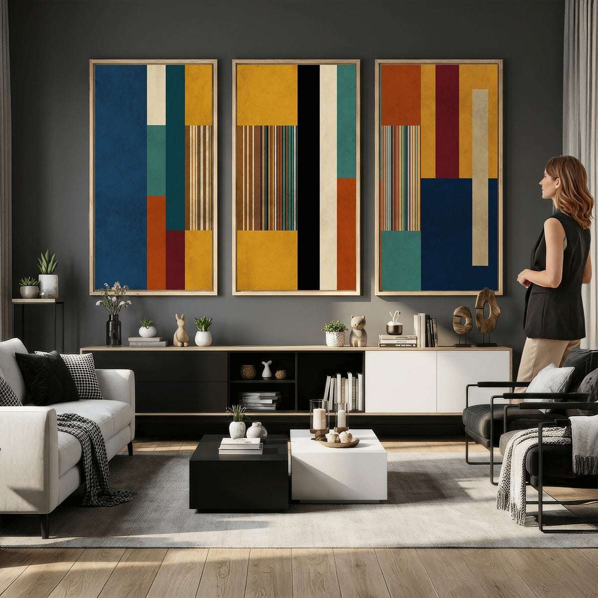 53992657-MGV-CV-48X32-3P - Mid Century Abstract Color Block Canvas Wall Art, Geometric Striped Canvas Print