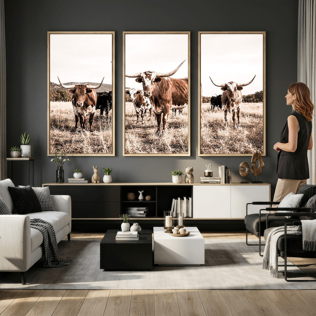 25234808-MGV-CV-48X32-3P - Texas Longhorn Cattle Canvas Wall Art, Western Ranch Home Decor