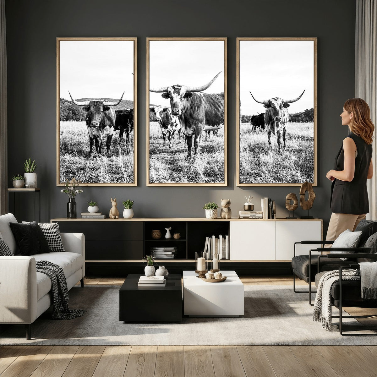 73228277-MGV-CV-48X32-3P - Black and White Longhorn Cattle Canvas Print, Western Ranch Wall Decor