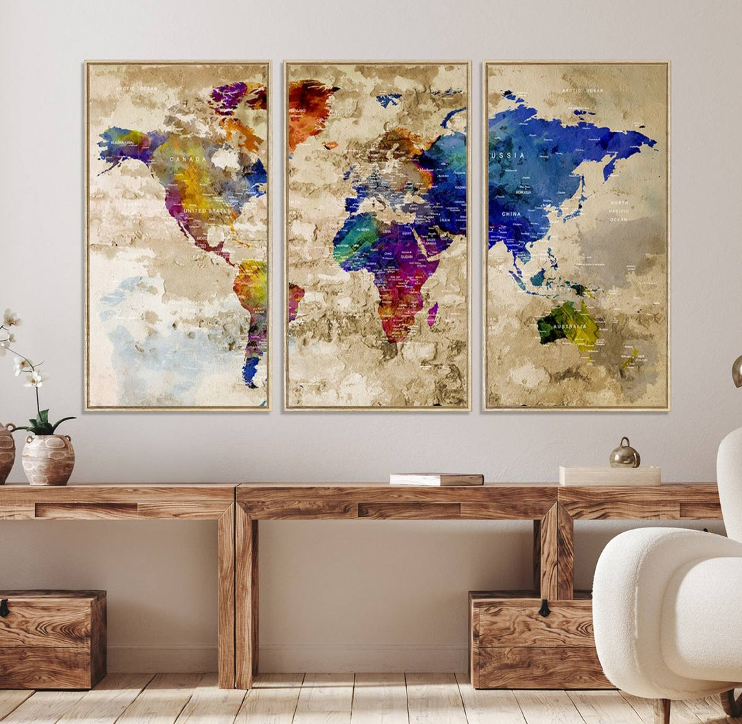 Watercolor World Map Canvas Print with gallery-wrapped edges.