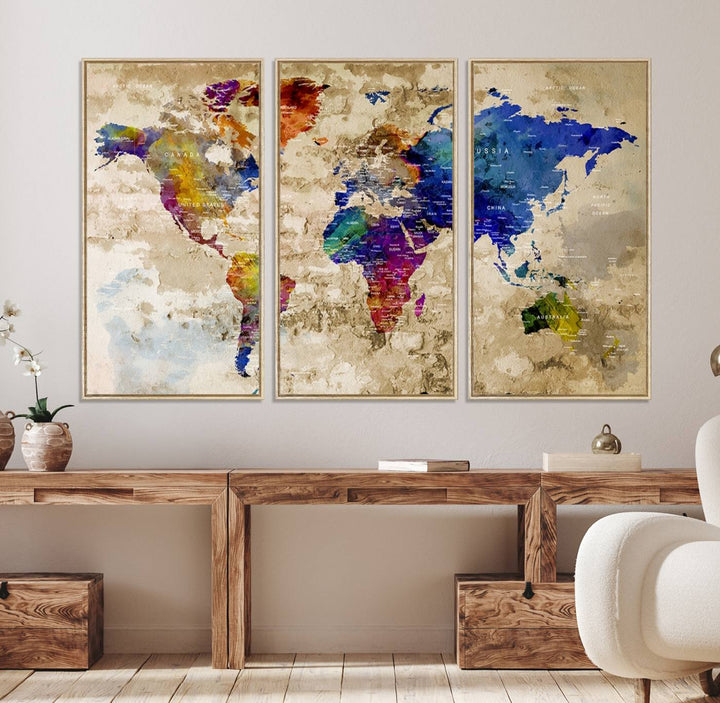 Watercolor World Map Canvas Print with gallery-wrapped edges.