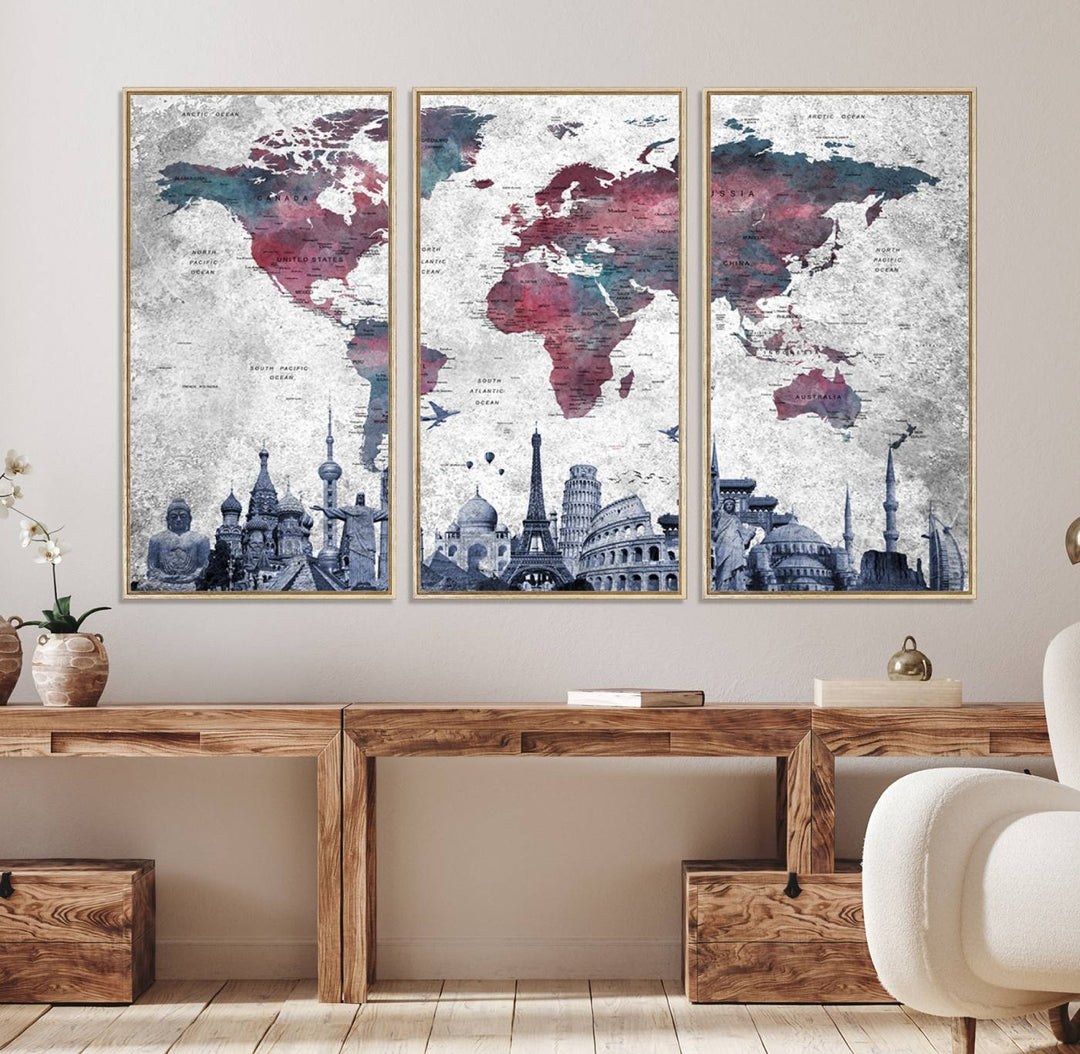 The dining room features a Blue Multipanel World Map Wall Art Canvas Print that adorns the wall, highlighting its neutral decor.