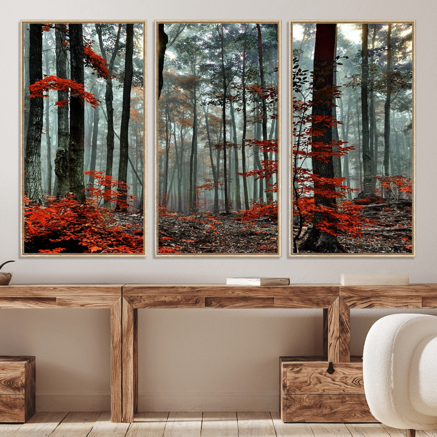 59209-MGV-CV-36X24-Autumn Forest Canvas Wall Art – Enchanting Red Leaves Triptych Print – Nature-Inspired Decor for Living Room or Office – Ready to Hang