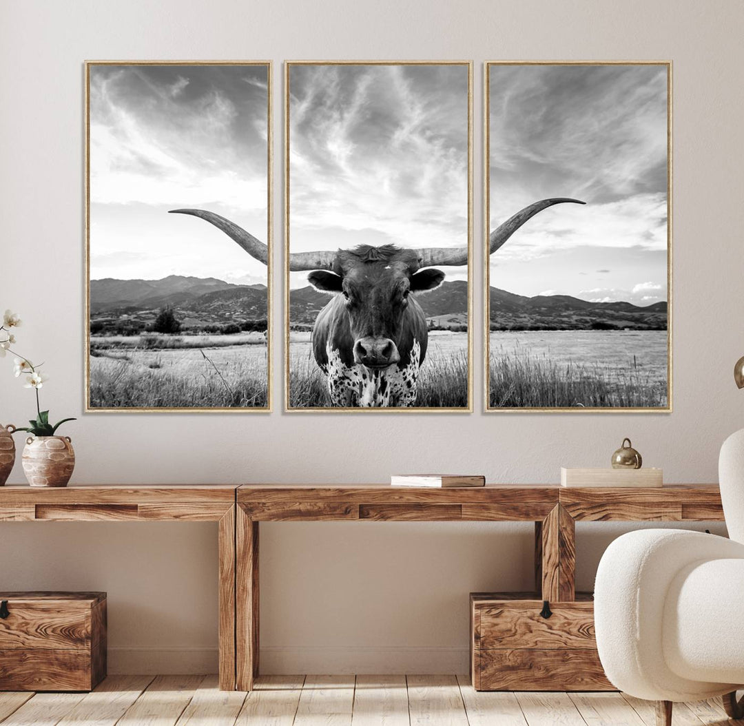 Longhorn Cow Wall Art Canvas Print Farmhouse Wall Art - Texas Longhorn Wall Art Print