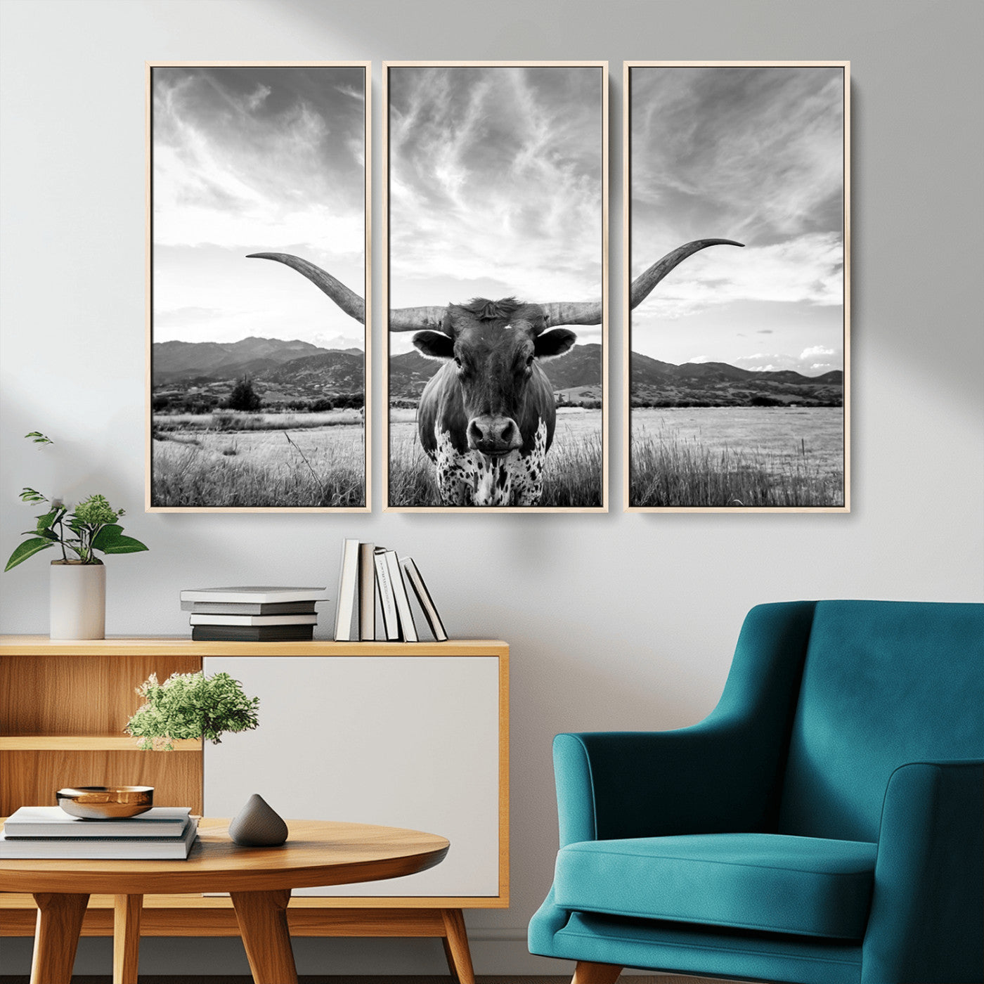 MGV-FC-48X32-3P - Longhorn Cow Wall Art Canvas Print Farmhouse Wall Art - Texas Longhorn Wall Art Print