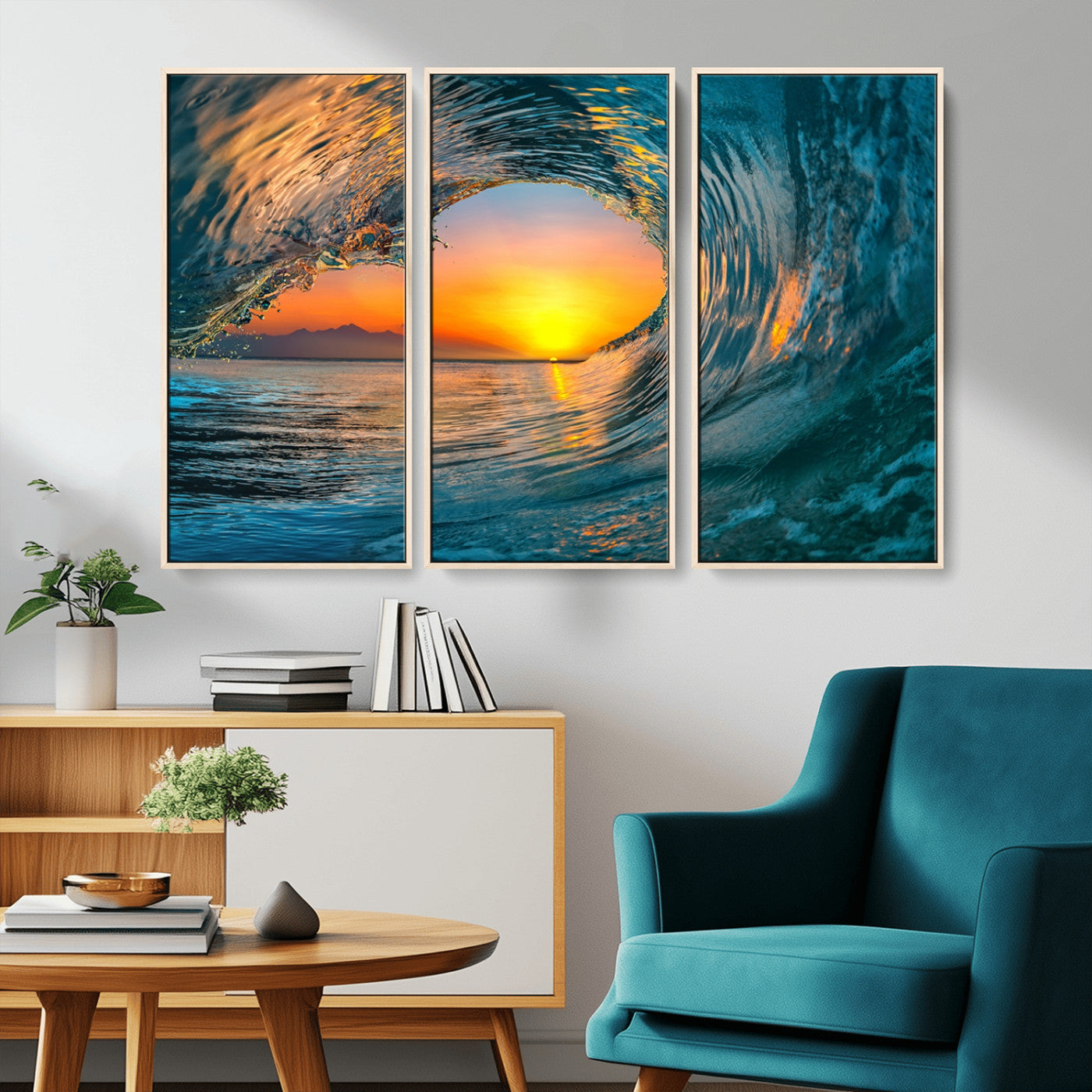 MGV-FC-48X32-3P - Ocean Wave Sunset Wall Art | Large Coastal Wave Canvas Print | 3-Panel Ocean Sunset Seascape for