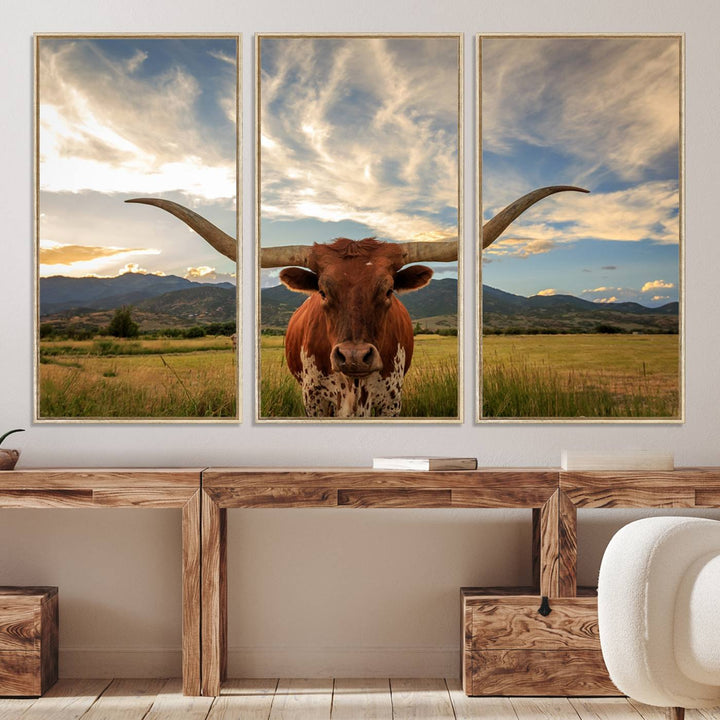 Texas Longhorn Canvas Wall Art – Majestic Triptych Animal Print – Rustic Western Decor for Living Room or Office – Ready to Hang