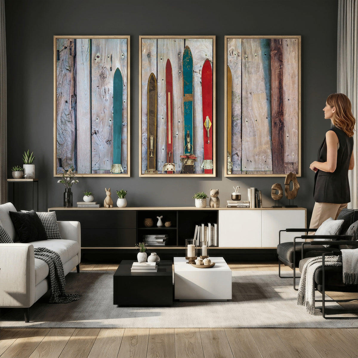 30640-MGV-CV-36X24 - Vintage Wooden Weathered Skis in Front of an Old Barn Wall Art Canvas Print