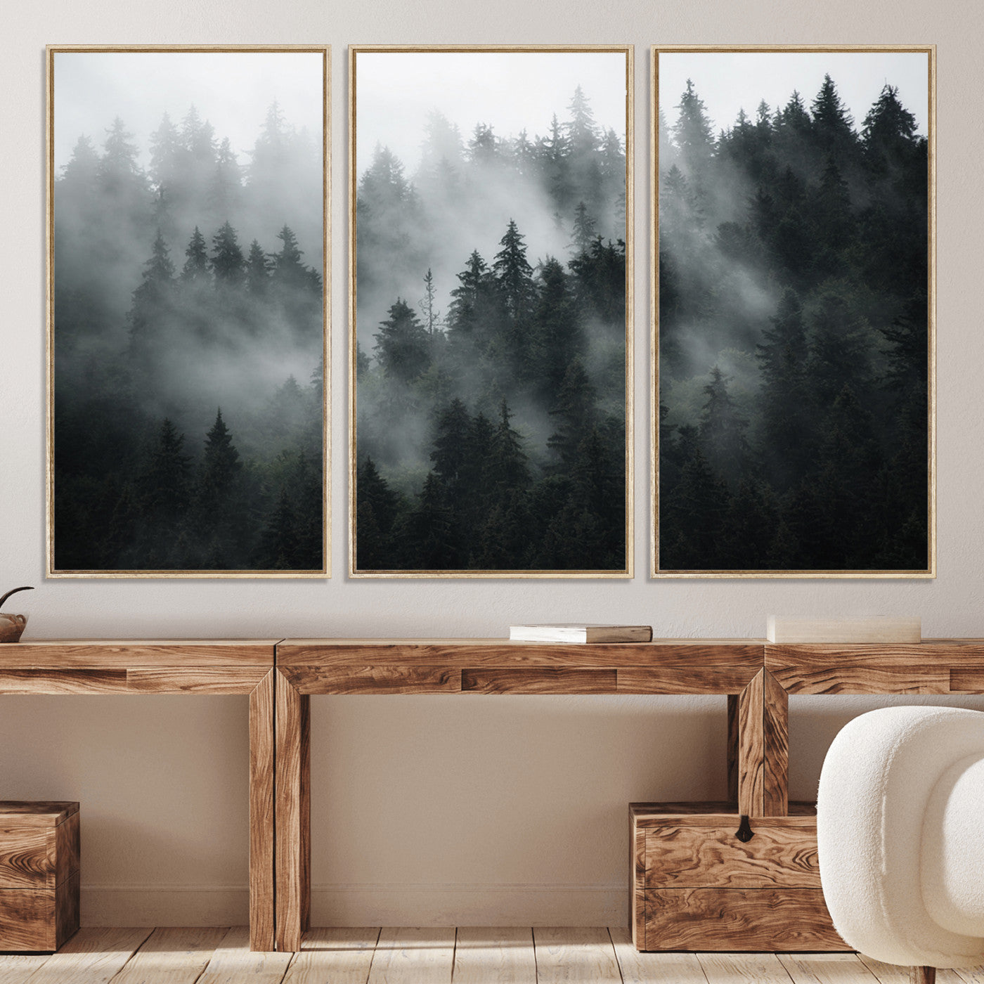 52359-MGV-CV-36X24-Foggy Forest Wall Art Canvas Print | 3 Panel Large Misty Landscape for Dining Room, Office, or Living Room | Ready to Hang Nature Deco
