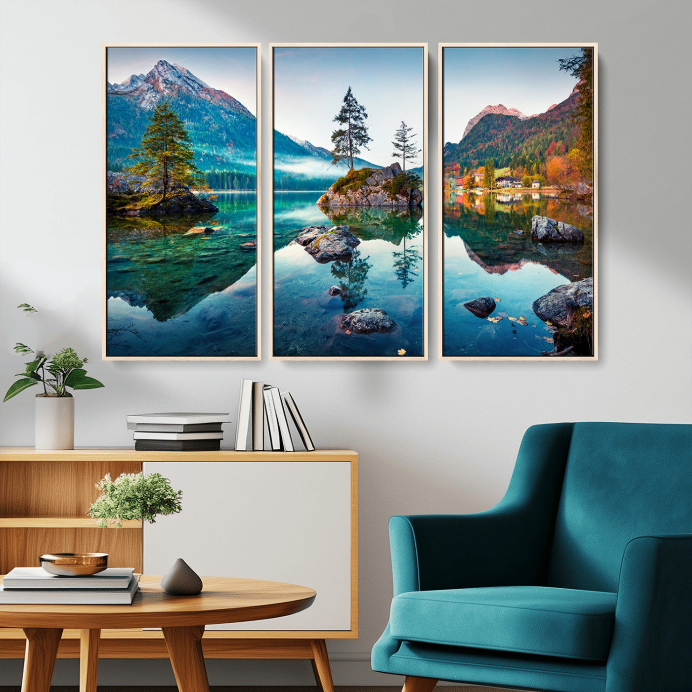 -Crystal Clear Lake Wall Art | Mountains Wall Art Canvas | 3 Panel Large Landscape Print for Dining