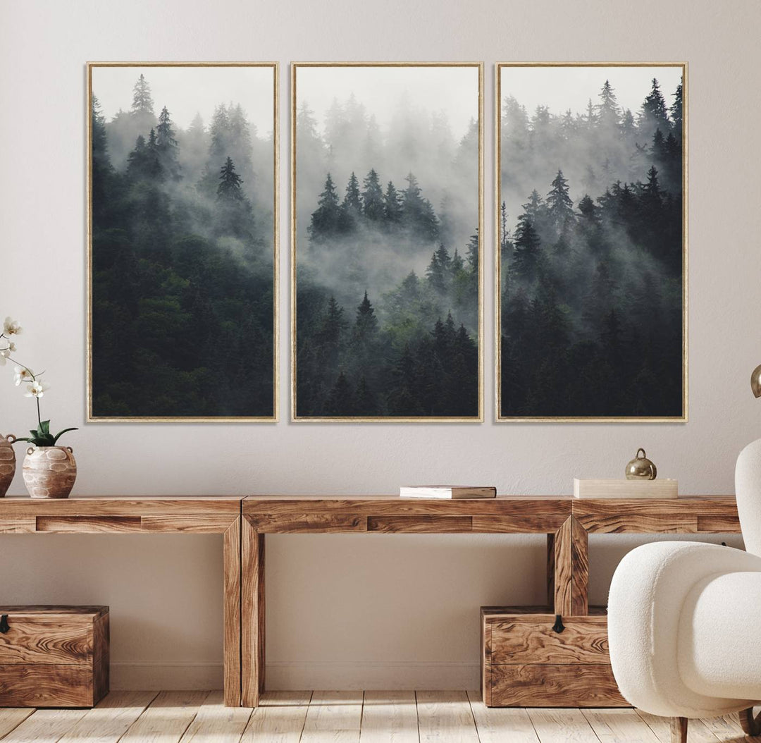 The Serene Triptych Print features tall evergreens, creating a mysterious and calming atmosphere.