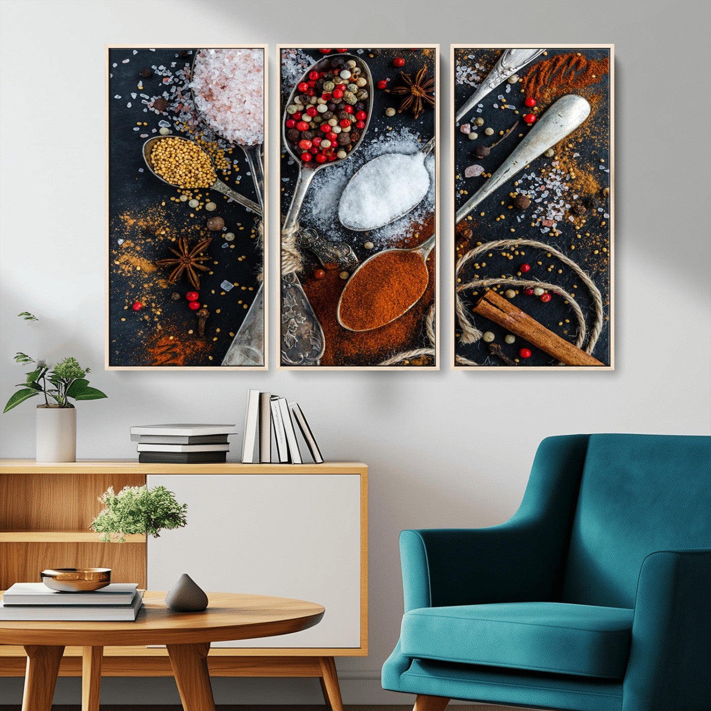 MGV-FC-48X32-3P - Spices and Seasonings Canvas Wall Art – Colorful Triptych Kitchen Decor – Culinary Art for Dining