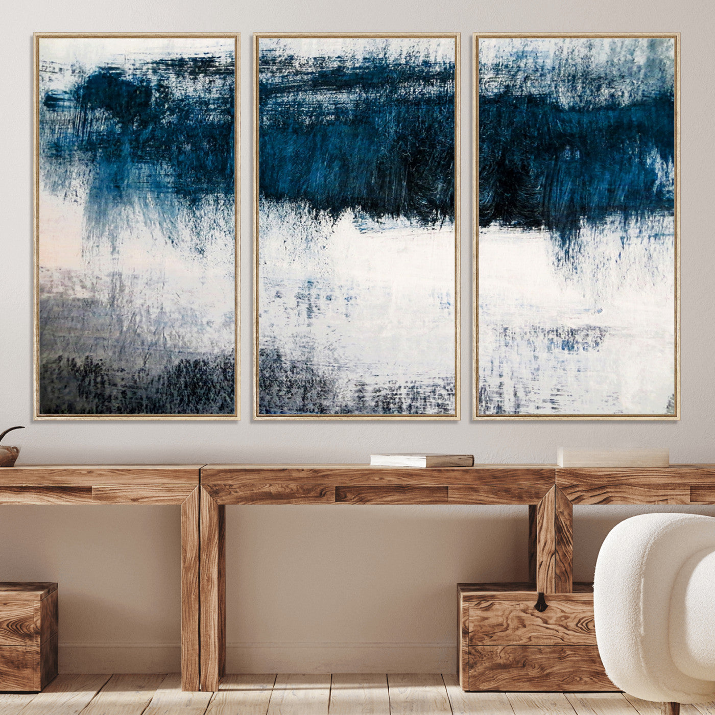 38954-MGV-CV-36X24-Abstract Blue and White Canvas Art | Large Wall Art for Modern Living Room Decor | Minimalist Brushstroke Painting on Canvas
