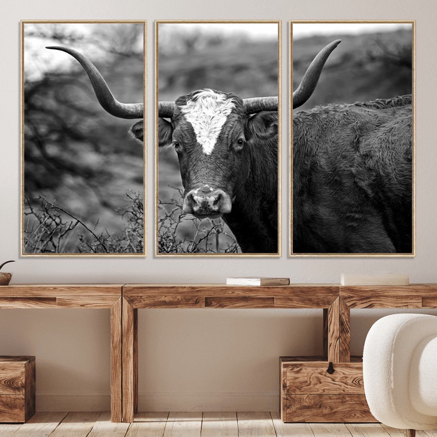 76200-MGV-CV-36X24-Western Home Wall Art Canvas Print, Framed Texas Longhorn Art Picture Print, Rustic Cow Perfect Rustic Farmhouse Decor Artwork