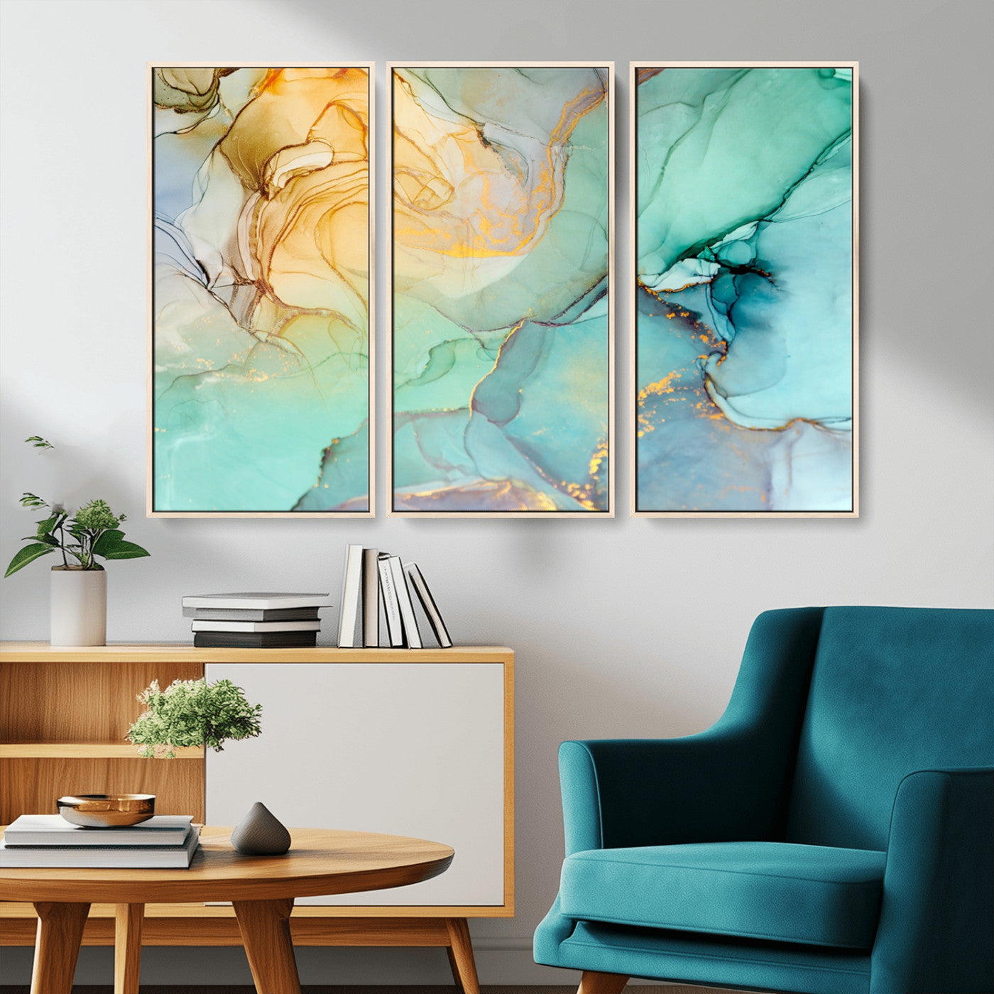 MGV-FC-48X32-3P - Abstract Aqua and Gold Fluid Wall Art Canvas | 3 Panel Large Canvas Print for Living Room, Office,