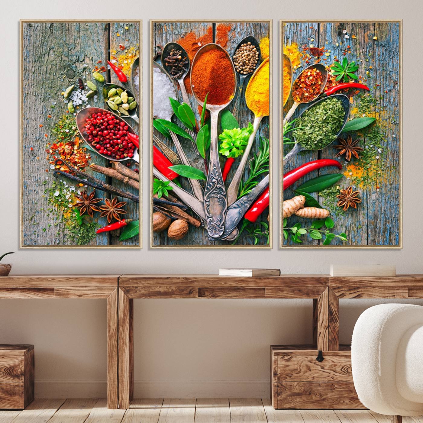 20619-MGV-CV-36X24-Spoonful of Spices Cooking Wall Art Canvas Print - Vibrant Kitchen Decor Triptych – Culinary Art Print for Dining Room or Kitchen – Ready to